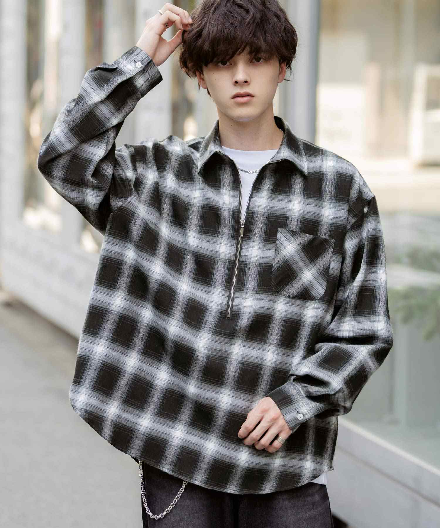 ロッキーモンロー Rocky Monroe チェックシャツ ハーフジップ 長袖 メンズ レディース ネルシャツ オンブレ 総柄 オーバーサイズ ビッグシルエット ルーズ リラックス ゆったり 14762 (ブラックオンブレチェック) ブラックオンブレチェック