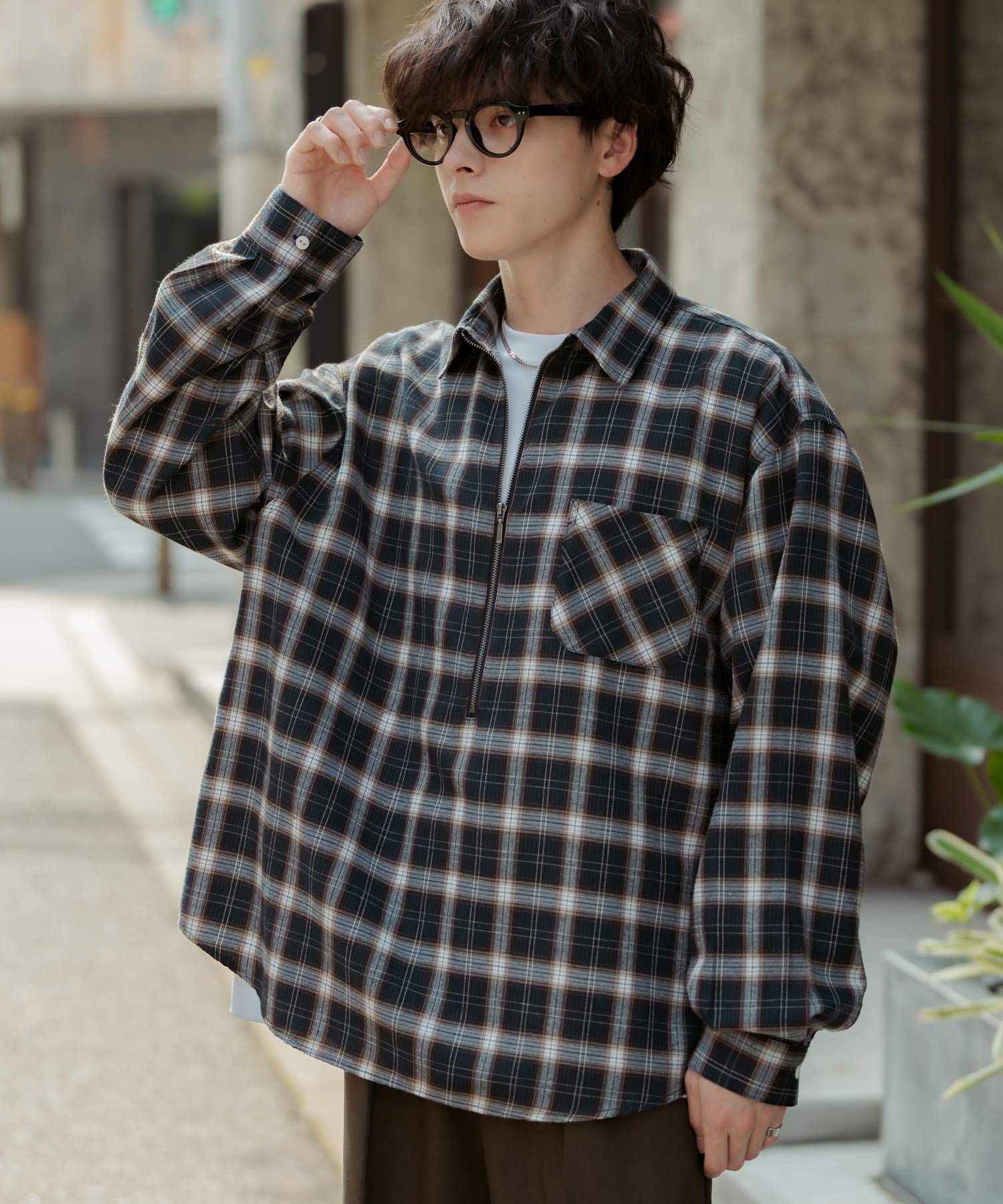 ロッキーモンロー Rocky Monroe チェックシャツ ハーフジップ 長袖 メンズ レディース ネルシャツ オンブレ 総柄 オーバーサイズ ビッグシルエット ルーズ リラックス ゆったり 14762 (ネイビーオンブレチェック) ネイビーオンブレチェック