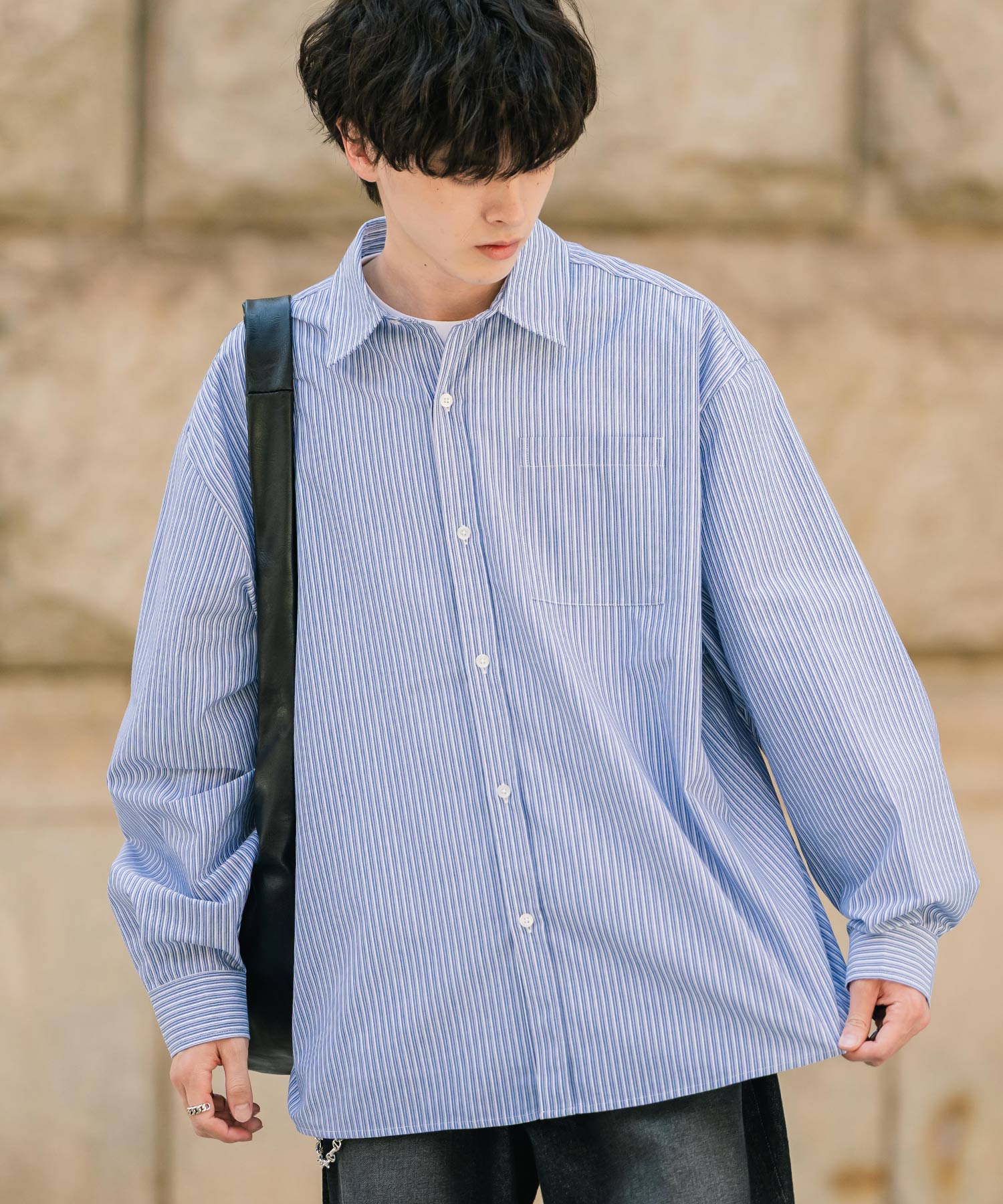 ロッキーモンロー Rocky Monroe カジュアルシャツ 長袖 メンズ チェック ストライプ 無地 TCブロード 白シャツ オーバーサイズ リラックス レギュラーカラー 胸ポケット 14718 (ブルー2(ストライプ)) ブルー2(ストライプ)