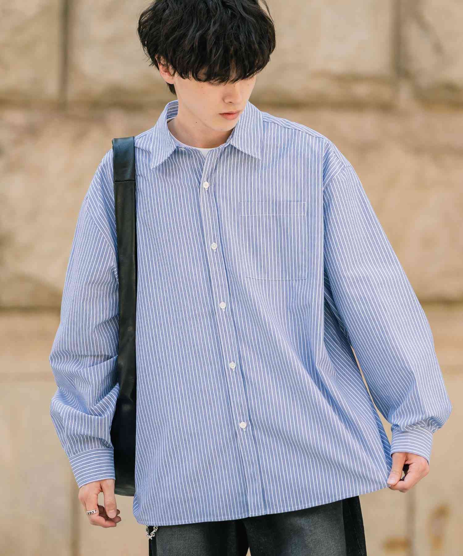 ロッキーモンロー Rocky Monroe カジュアルシャツ 長袖 メンズ チェック ストライプ 無地 TCブロード 白シャツ オーバーサイズ リラックス レギュラーカラー 胸ポケット 14718 (ブルー2(ストライプ)) ブルー2(ストライプ)