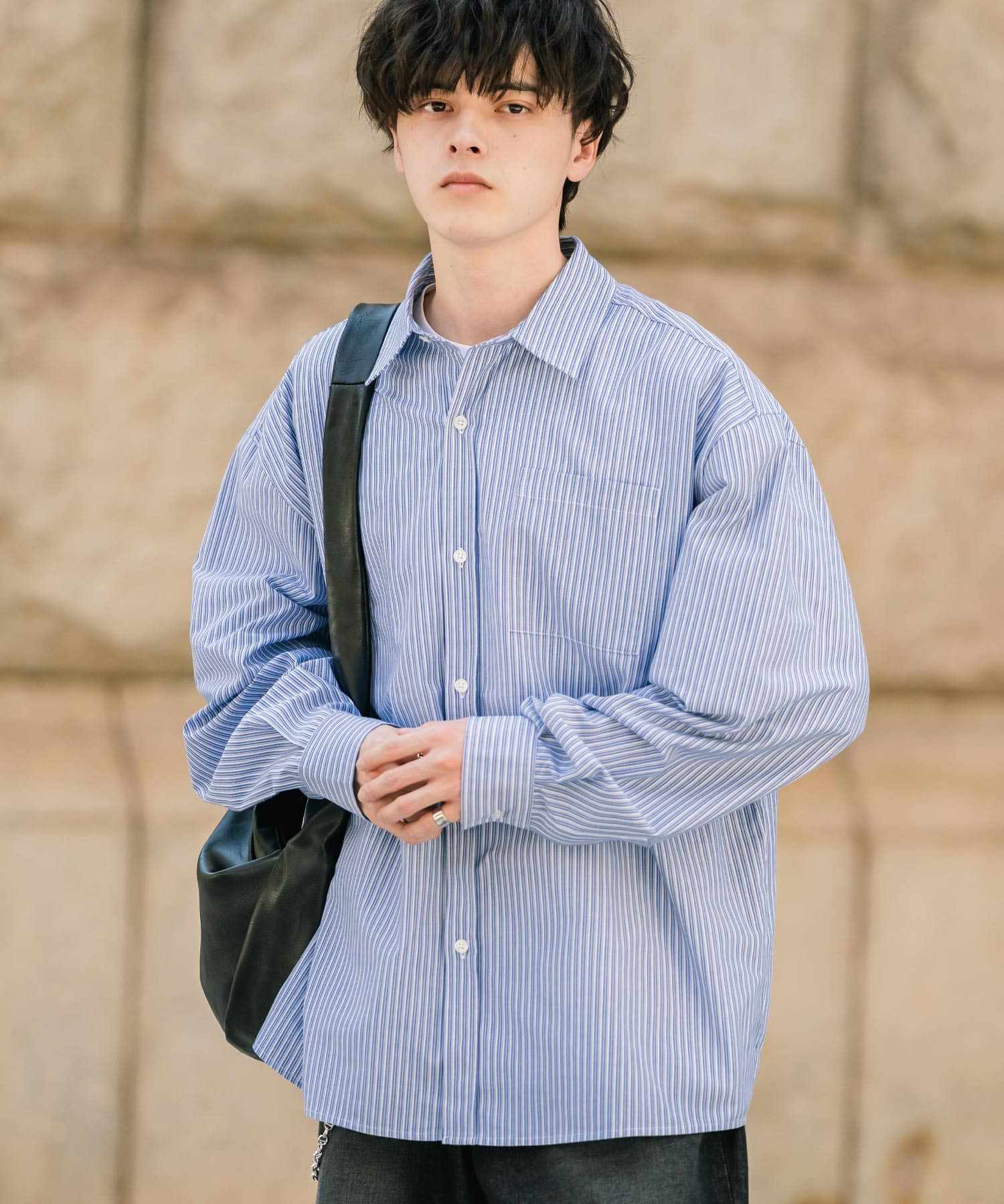 ロッキーモンロー Rocky Monroe カジュアルシャツ 長袖 メンズ チェック ストライプ 無地 TCブロード 白シャツ オーバーサイズ リラックス レギュラーカラー 胸ポケット 14718 (ブルー2(ストライプ)) ブルー2(ストライプ)