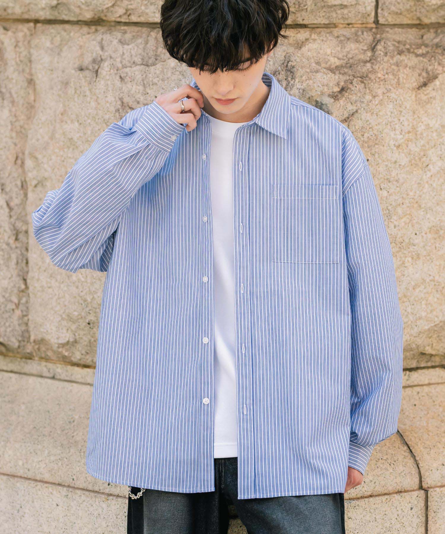 ロッキーモンロー Rocky Monroe カジュアルシャツ 長袖 メンズ チェック ストライプ 無地 TCブロード 白シャツ オーバーサイズ リラックス レギュラーカラー 胸ポケット 14718 (ブルー2(ストライプ)) ブルー2(ストライプ)