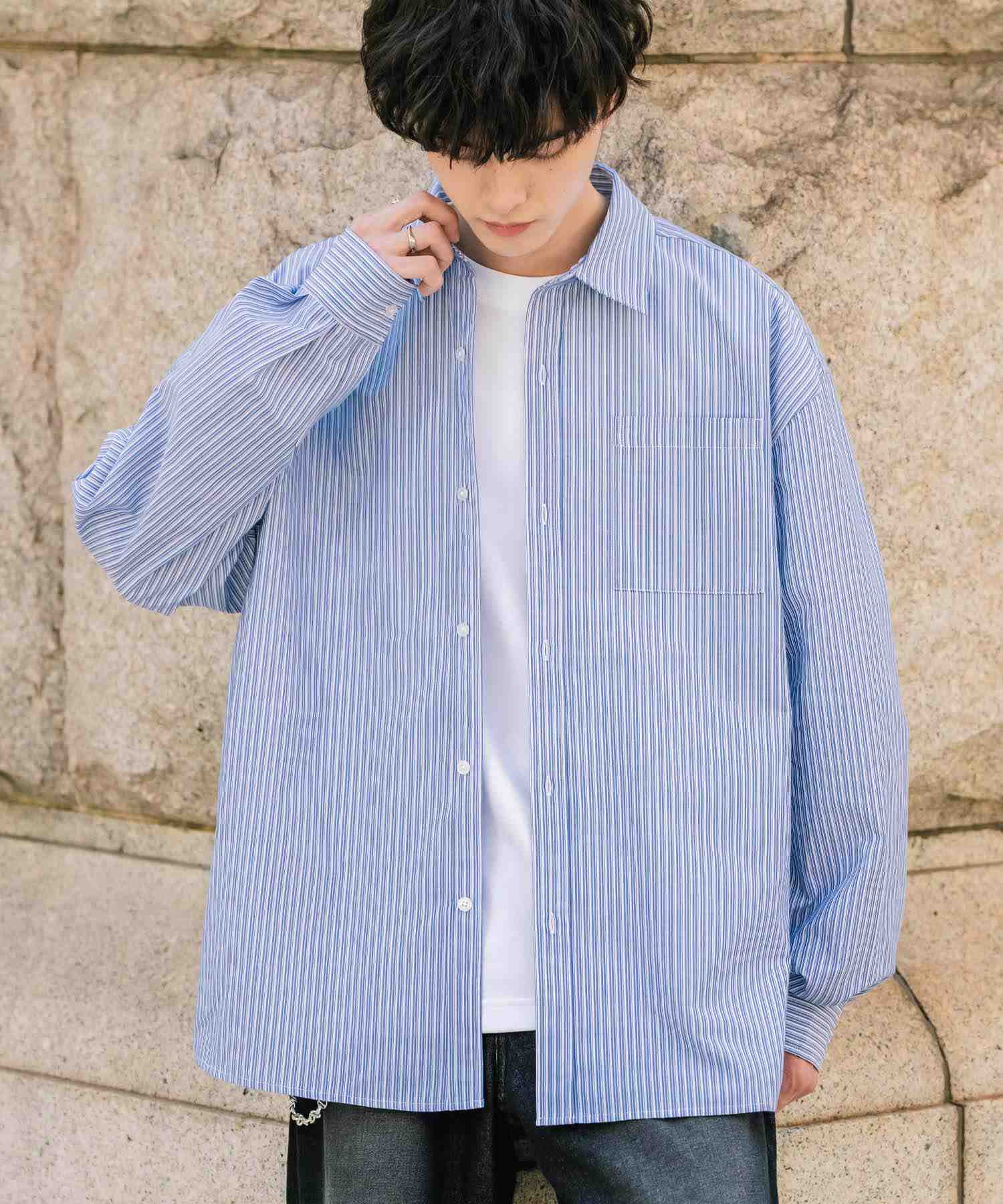 ロッキーモンロー Rocky Monroe カジュアルシャツ 長袖 メンズ チェック ストライプ 無地 TCブロード 白シャツ オーバーサイズ リラックス レギュラーカラー 胸ポケット 14718 (ブルー2(ストライプ)) ブルー2(ストライプ)