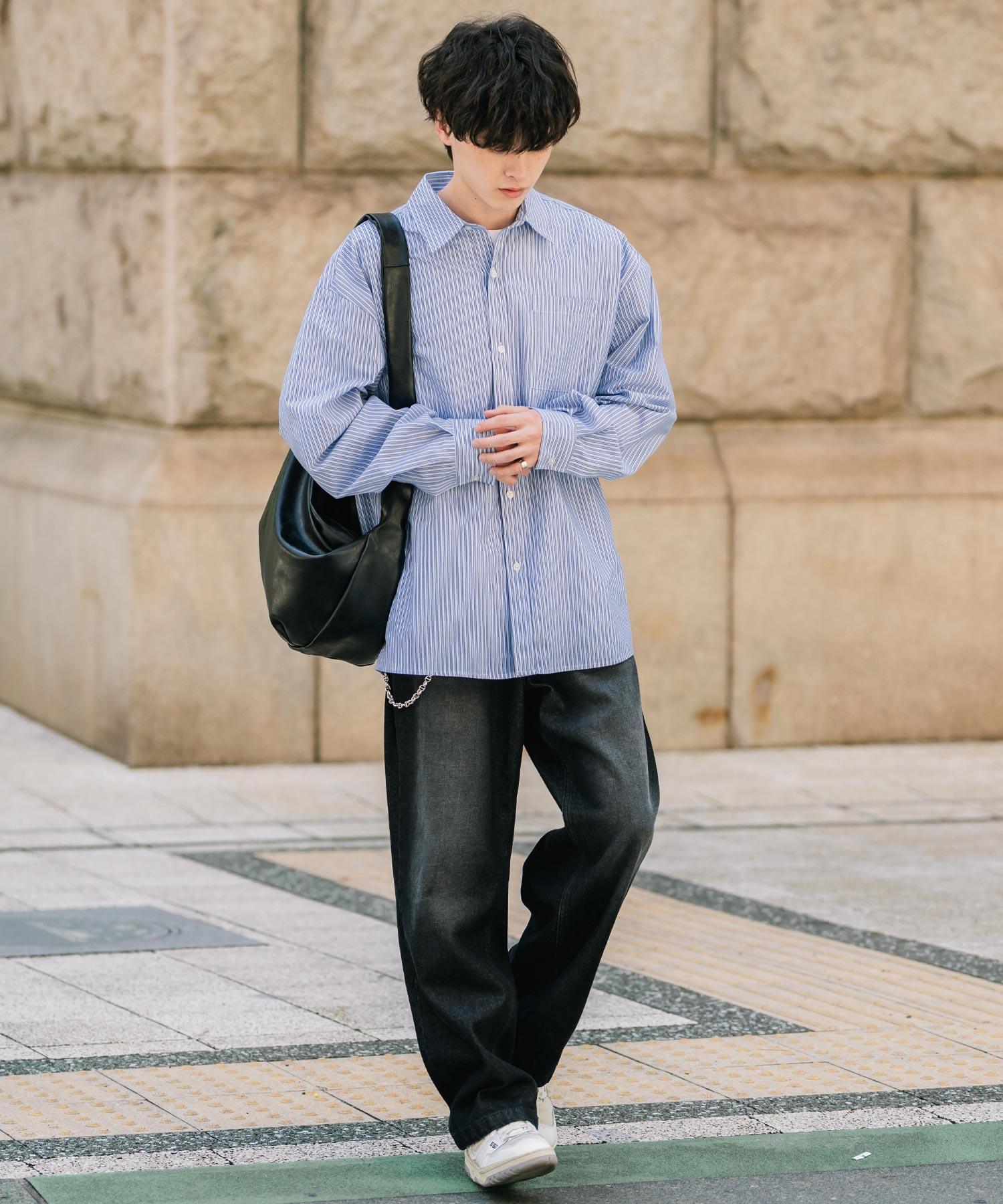 ロッキーモンロー Rocky Monroe カジュアルシャツ 長袖 メンズ チェック ストライプ 無地 TCブロード 白シャツ オーバーサイズ リラックス レギュラーカラー 胸ポケット 14718 (ブルー2(ストライプ)) ブルー2(ストライプ)