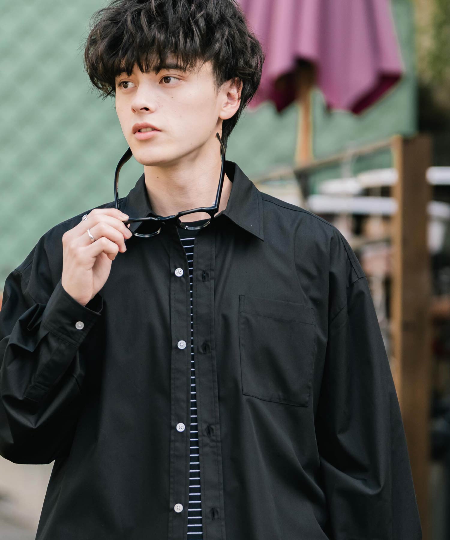 ロッキーモンロー Rocky Monroe カジュアルシャツ 長袖 メンズ チェック ストライプ 無地 TCブロード 白シャツ オーバーサイズ リラックス レギュラーカラー 胸ポケット 14718 (ブルー2(ストライプ)) ブルー2(ストライプ)