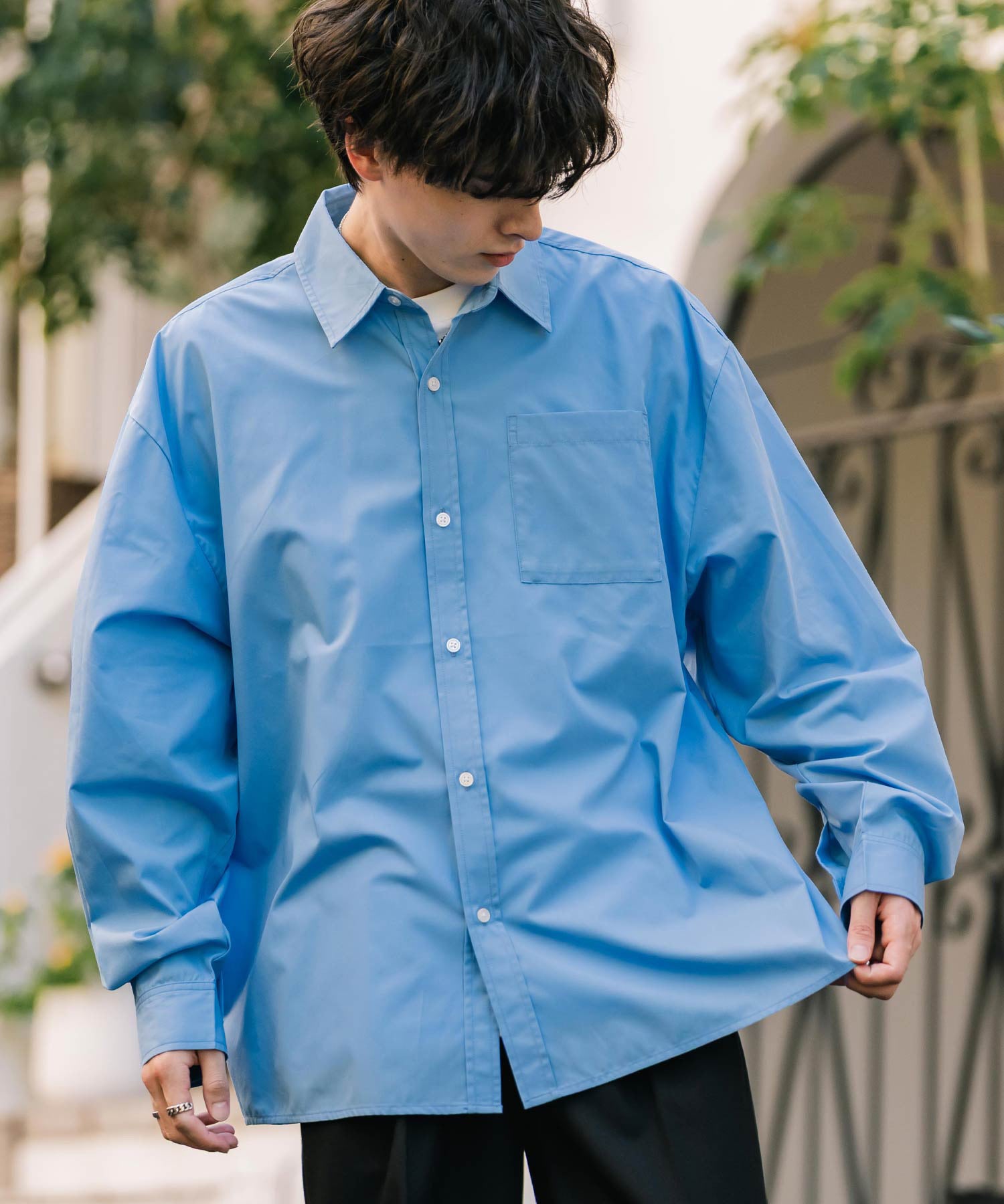 ロッキーモンロー Rocky Monroe カジュアルシャツ 長袖 メンズ チェック ストライプ 無地 TCブロード 白シャツ オーバーサイズ リラックス レギュラーカラー 胸ポケット 14718 (ブルー2(ストライプ)) ブルー2(ストライプ)