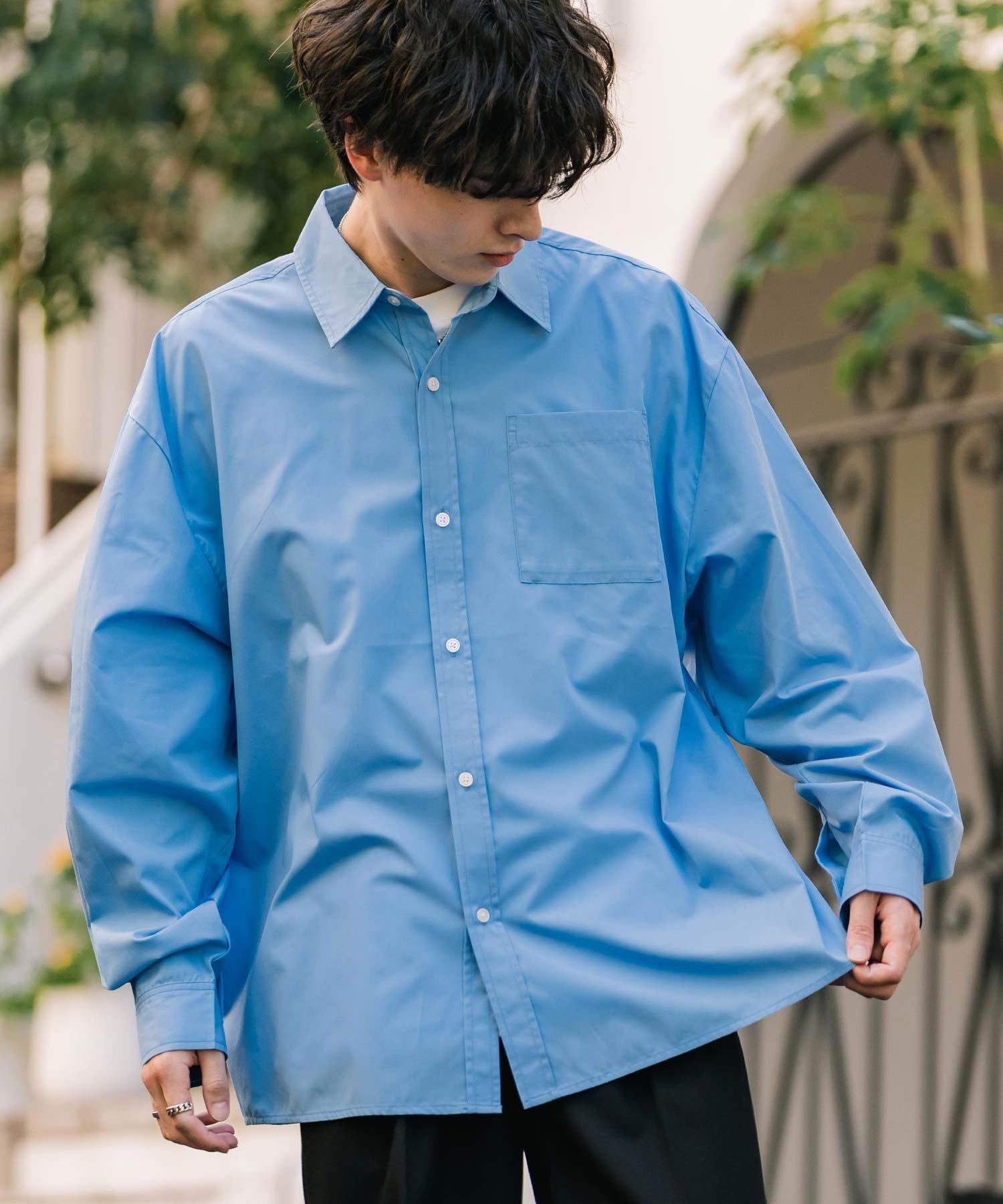 ロッキーモンロー Rocky Monroe カジュアルシャツ 長袖 メンズ チェック ストライプ 無地 TCブロード 白シャツ オーバーサイズ リラックス レギュラーカラー 胸ポケット 14718 (ブルー2(ストライプ)) ブルー2(ストライプ)