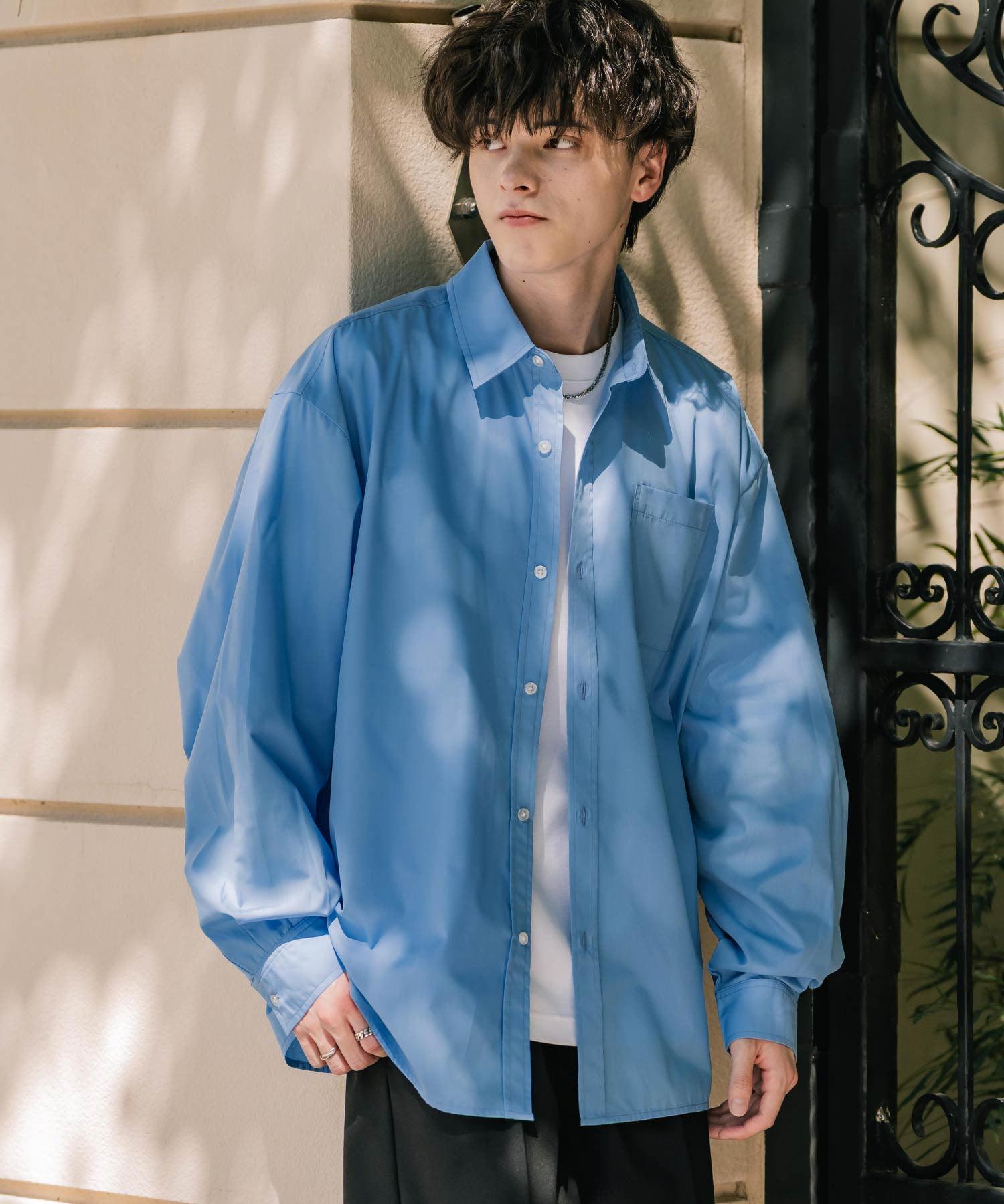 ロッキーモンロー Rocky Monroe カジュアルシャツ 長袖 メンズ チェック ストライプ 無地 TCブロード 白シャツ オーバーサイズ リラックス レギュラーカラー 胸ポケット 14718 (ブルー2(ストライプ)) ブルー2(ストライプ)