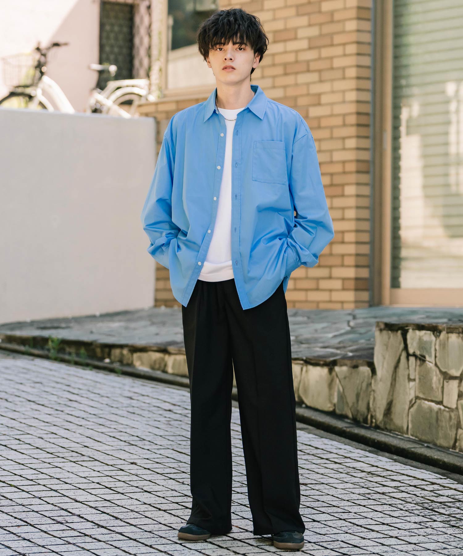 ロッキーモンロー Rocky Monroe カジュアルシャツ 長袖 メンズ チェック ストライプ 無地 TCブロード 白シャツ オーバーサイズ リラックス レギュラーカラー 胸ポケット 14718 (ブルー2(ストライプ)) ブルー2(ストライプ)