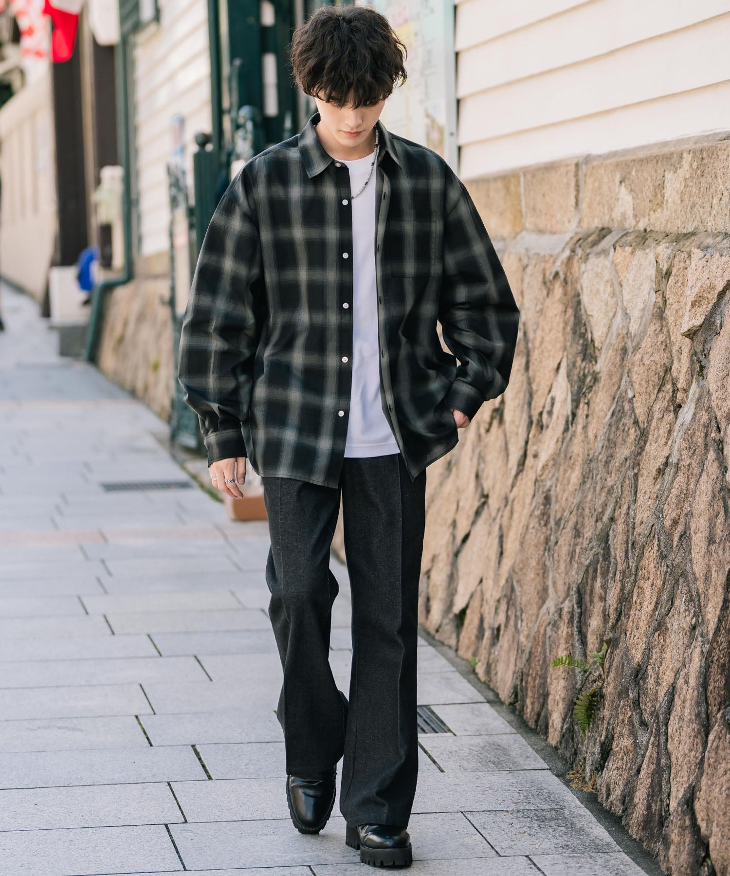 ロッキーモンロー Rocky Monroe カジュアルシャツ 長袖 メンズ チェック ストライプ 無地 TCブロード 白シャツ オーバーサイズ リラックス レギュラーカラー 胸ポケット 14718 (ブルー2(ストライプ)) ブルー2(ストライプ)