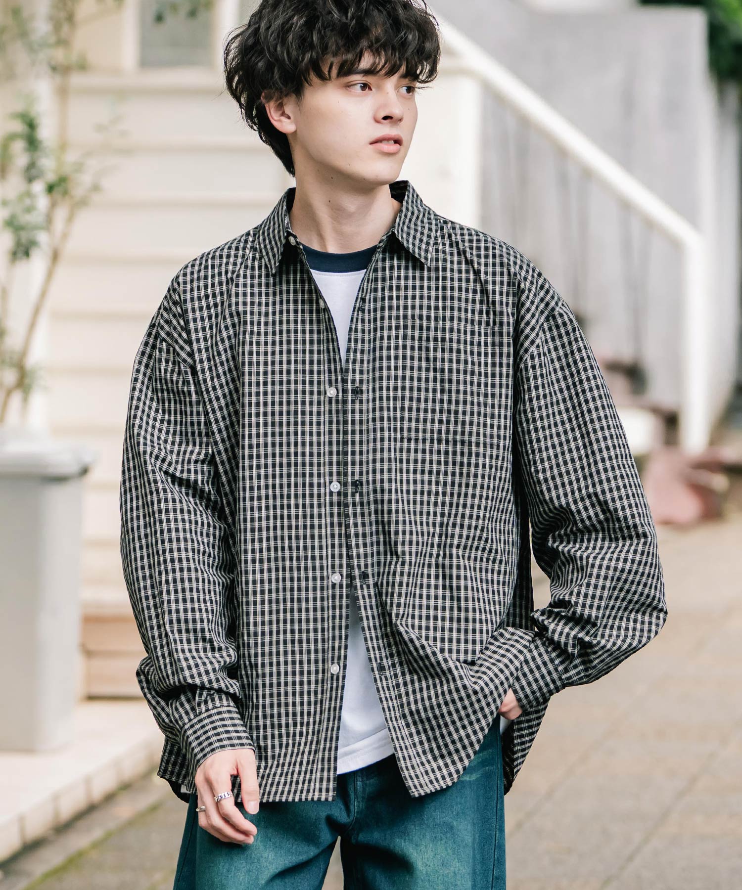 ロッキーモンロー Rocky Monroe カジュアルシャツ 長袖 メンズ チェック ストライプ 無地 TCブロード 白シャツ オーバーサイズ リラックス レギュラーカラー 胸ポケット 14718 (ブルー2(ストライプ)) ブルー2(ストライプ)