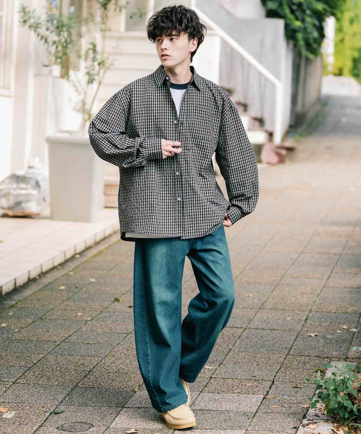 ロッキーモンロー Rocky Monroe カジュアルシャツ 長袖 メンズ チェック ストライプ 無地 TCブロード 白シャツ オーバーサイズ リラックス レギュラーカラー 胸ポケット 14718 (ブルー2(ストライプ)) ブルー2(ストライプ)