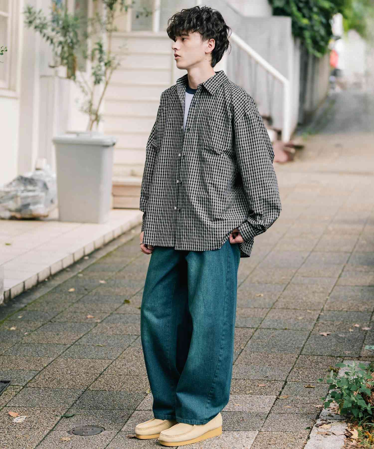 ロッキーモンロー Rocky Monroe カジュアルシャツ 長袖 メンズ チェック ストライプ 無地 TCブロード 白シャツ オーバーサイズ リラックス レギュラーカラー 胸ポケット 14718 (ブルー2(ストライプ)) ブルー2(ストライプ)