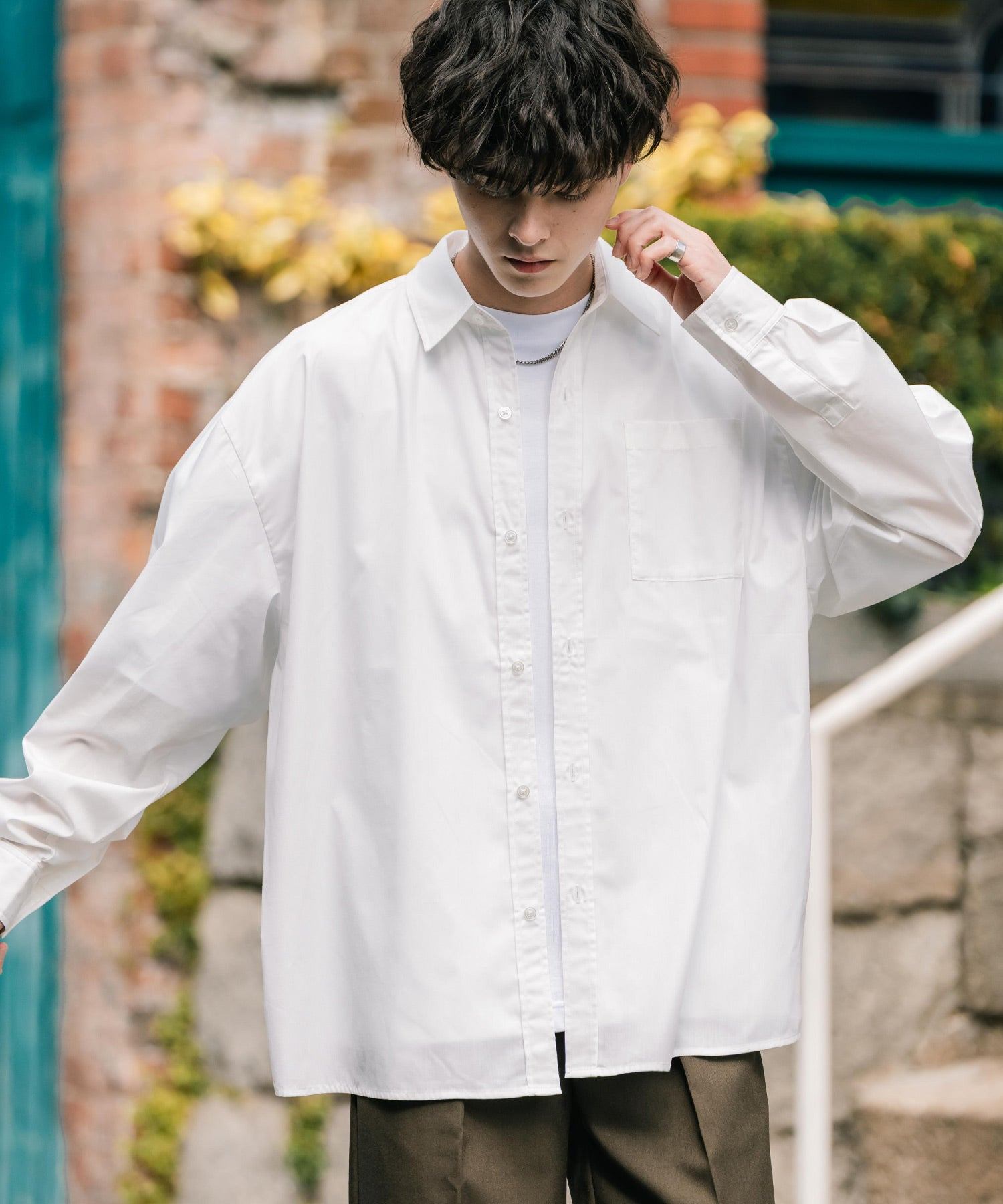 ロッキーモンロー Rocky Monroe カジュアルシャツ 長袖 メンズ チェック ストライプ 無地 TCブロード 白シャツ オーバーサイズ リラックス レギュラーカラー 胸ポケット 14718 (ホワイト) ホワイト