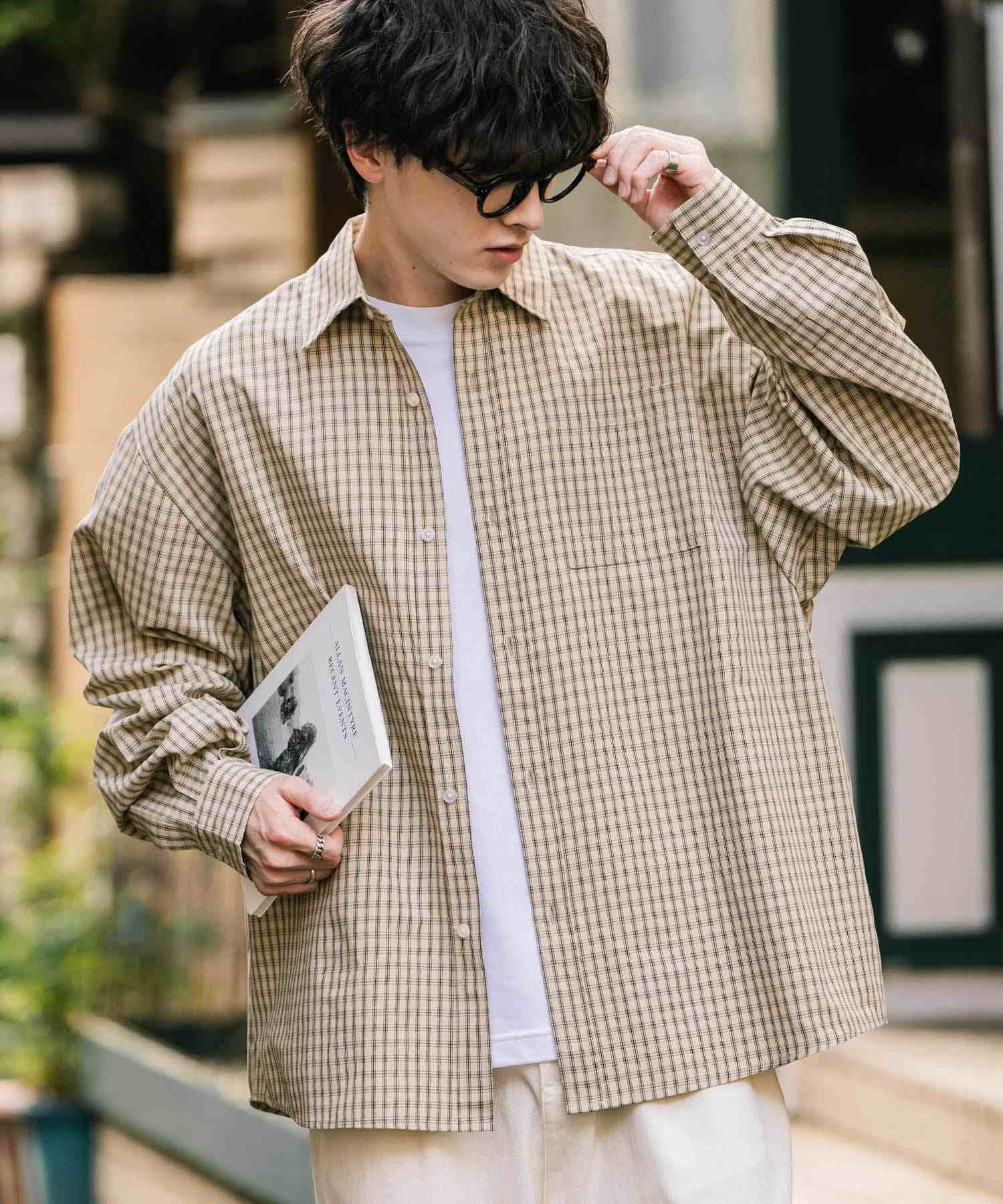 ロッキーモンロー Rocky Monroe カジュアルシャツ 長袖 メンズ チェック ストライプ 無地 TCブロード 白シャツ オーバーサイズ リラックス レギュラーカラー 胸ポケット 14718 (ベージュ(チェック)) ベージュ(チェック)