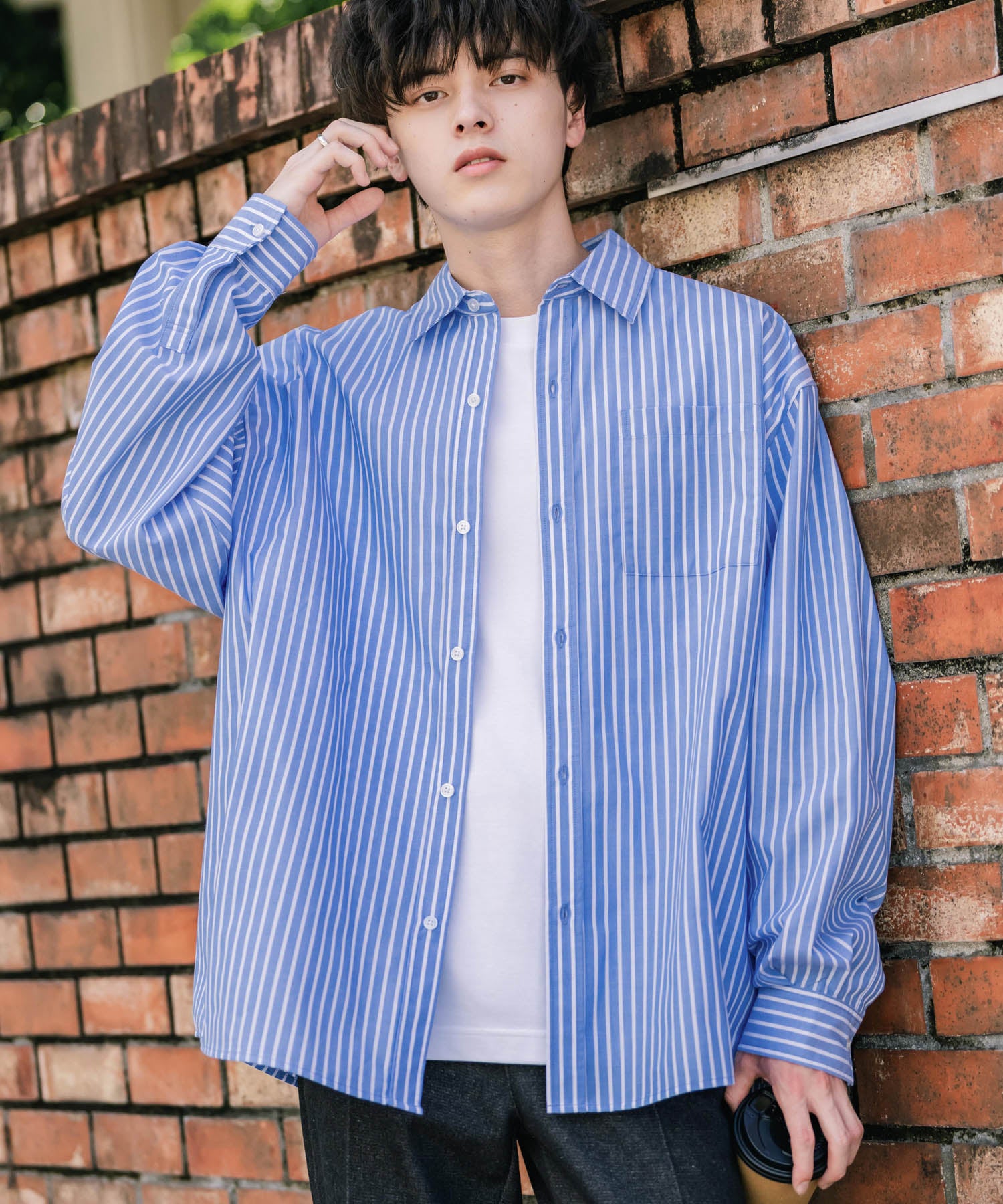 ロッキーモンロー Rocky Monroe カジュアルシャツ 長袖 メンズ チェック ストライプ 無地 TCブロード 白シャツ オーバーサイズ リラックス レギュラーカラー 胸ポケット 14718 (ブルー(ストライプ)) ブルー(ストライプ)