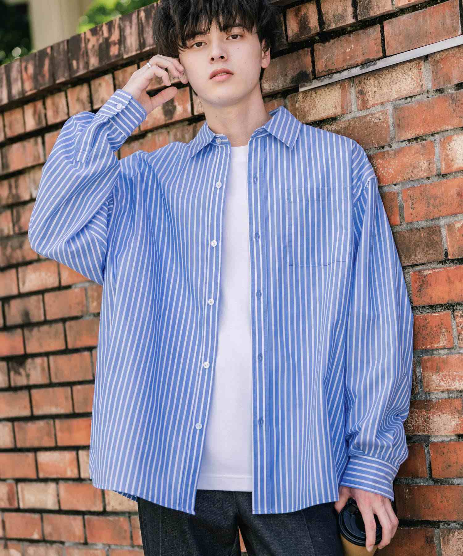 ロッキーモンロー Rocky Monroe カジュアルシャツ 長袖 メンズ チェック ストライプ 無地 TCブロード 白シャツ オーバーサイズ リラックス レギュラーカラー 胸ポケット 14718 (ブルー(ストライプ)) ブルー(ストライプ)