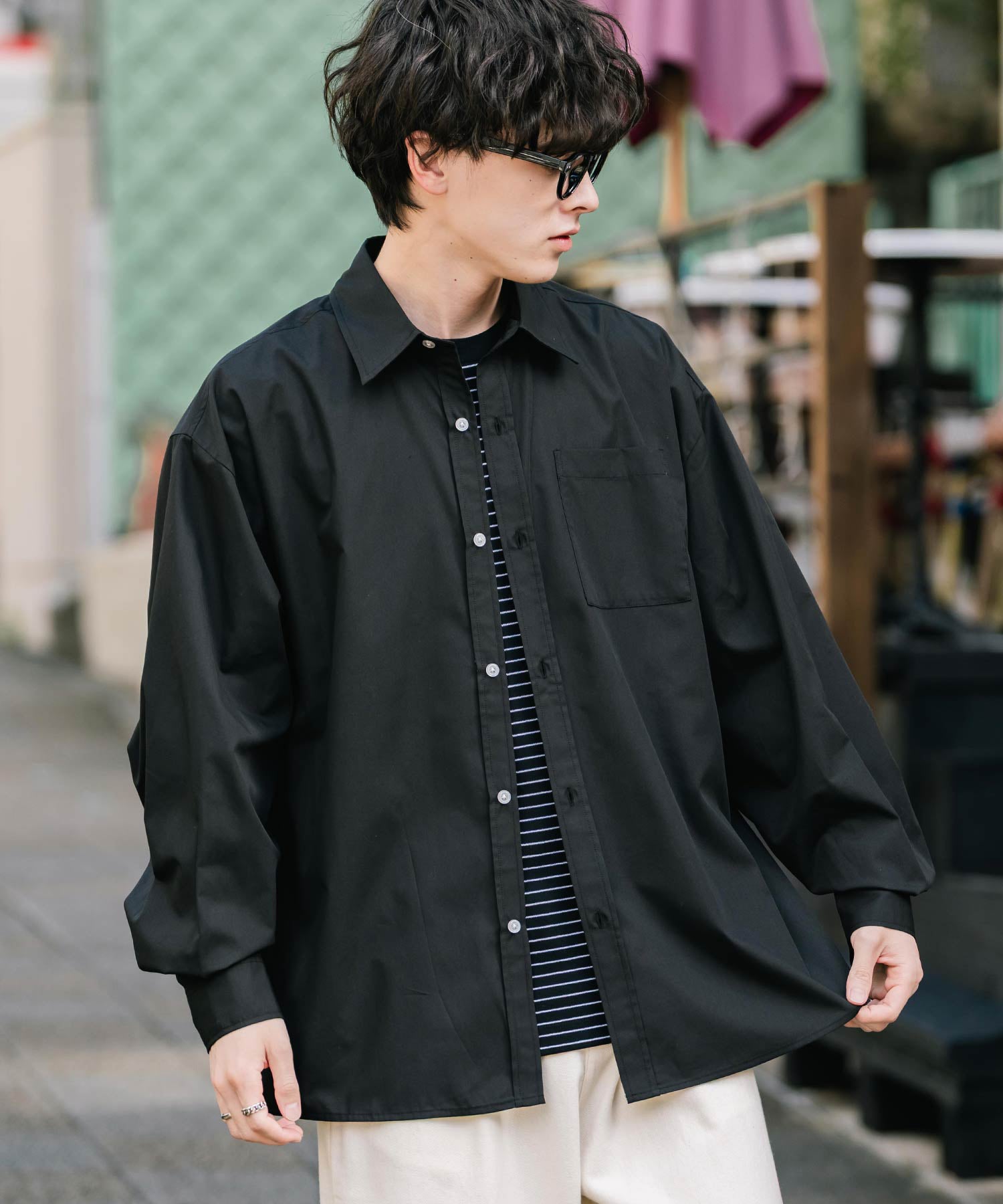 ロッキーモンロー Rocky Monroe カジュアルシャツ 長袖 メンズ チェック ストライプ 無地 TCブロード 白シャツ オーバーサイズ リラックス レギュラーカラー 胸ポケット 14718 (ブラック) ブラック