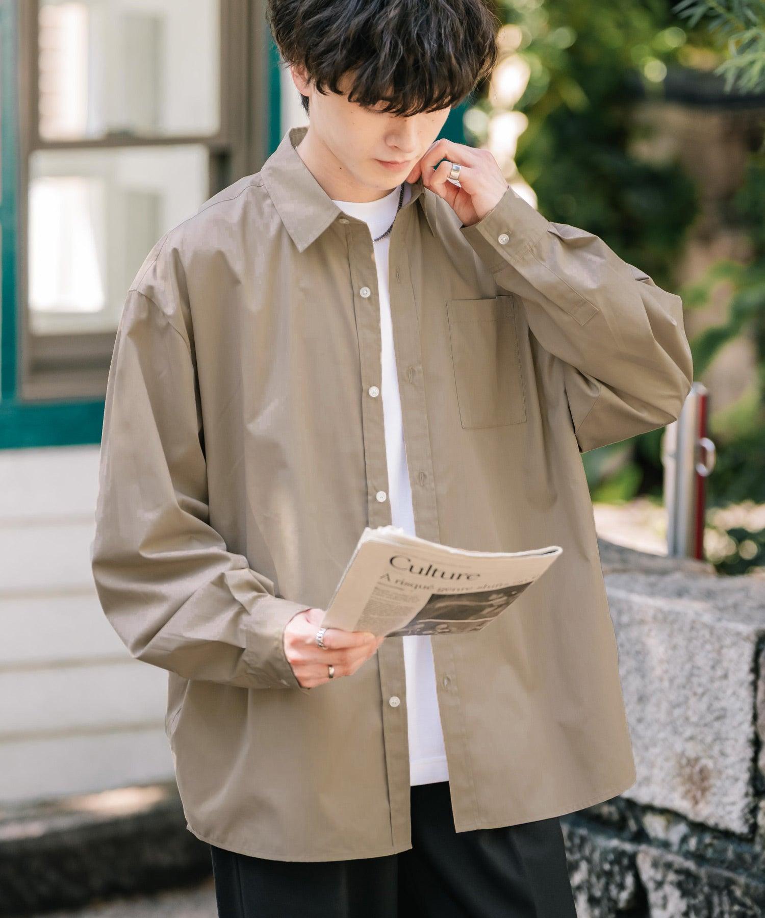 ロッキーモンロー Rocky Monroe カジュアルシャツ 長袖 メンズ チェック ストライプ 無地 TCブロード 白シャツ オーバーサイズ リラックス レギュラーカラー 胸ポケット 14718 (グレージュ) グレージュ