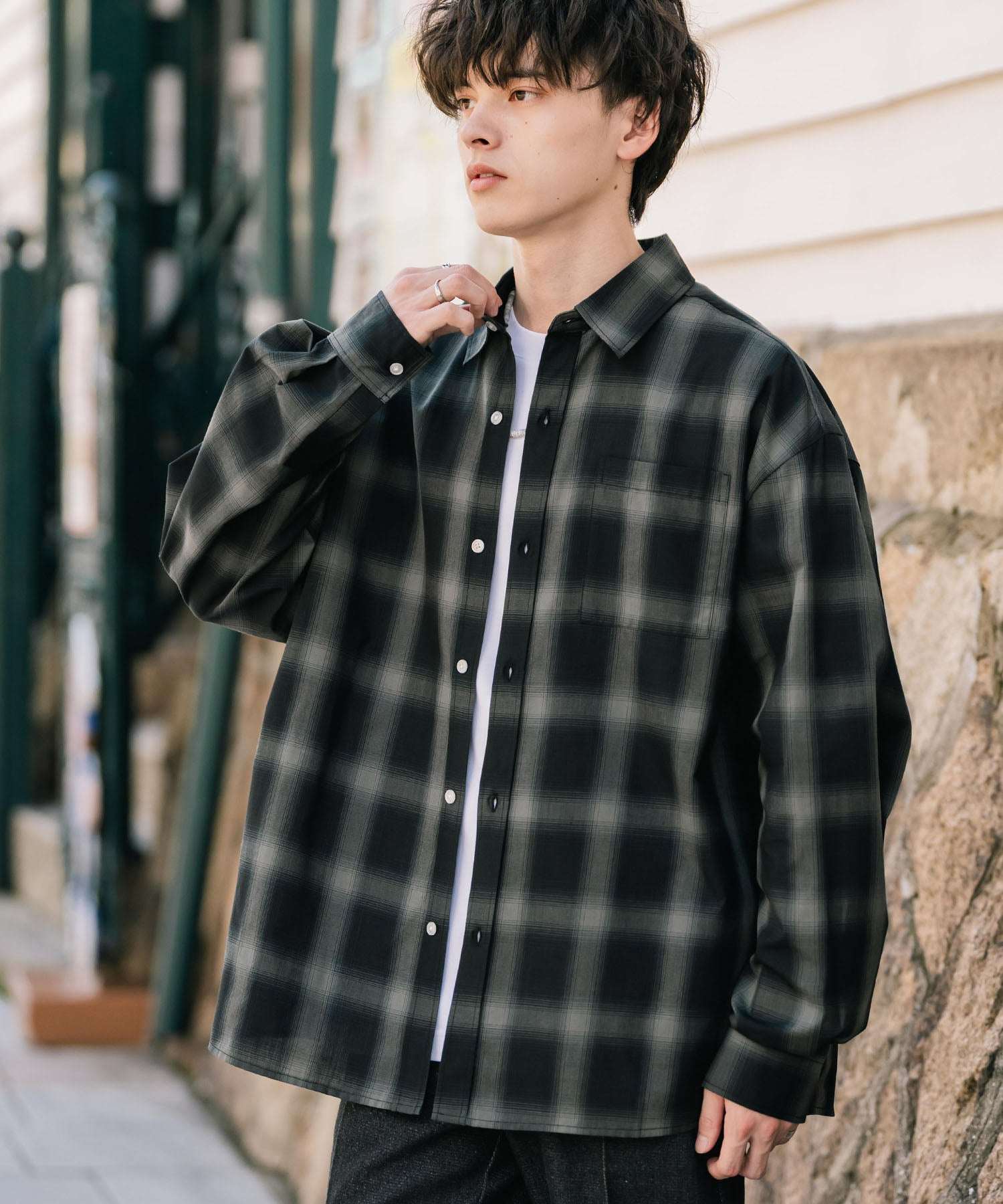 ロッキーモンロー Rocky Monroe カジュアルシャツ 長袖 メンズ チェック ストライプ 無地 TCブロード 白シャツ オーバーサイズ リラックス レギュラーカラー 胸ポケット 14718 (ブラック2(チェック)) ブラック2(チェック)