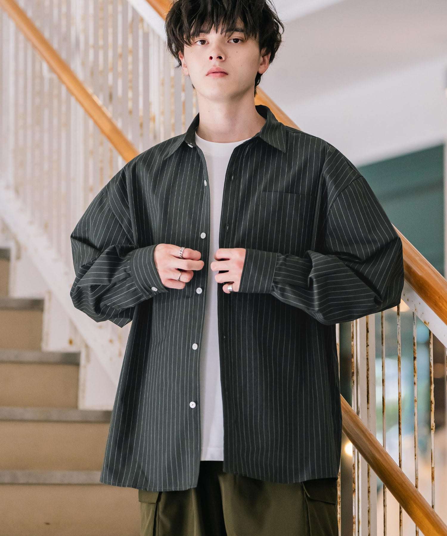 ロッキーモンロー Rocky Monroe カジュアルシャツ 長袖 メンズ チェック ストライプ 無地 TCブロード 白シャツ オーバーサイズ リラックス レギュラーカラー 胸ポケット 14718 (チャコール(ストライプ)) チャコール(ストライプ)