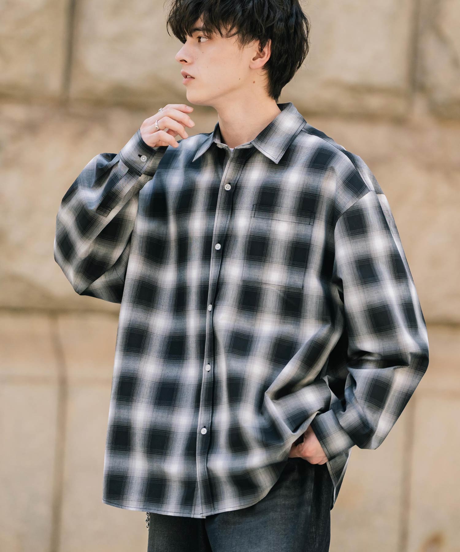 ロッキーモンロー Rocky Monroe カジュアルシャツ 長袖 メンズ チェック ストライプ 無地 TCブロード 白シャツ オーバーサイズ リラックス レギュラーカラー 胸ポケット 14718 (ブラック(チェック)) ブラック(チェック)