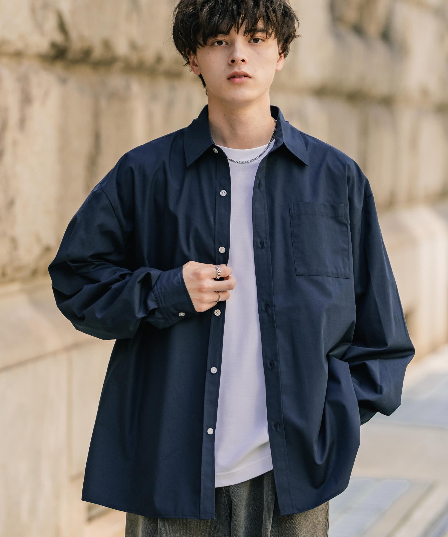 ロッキーモンロー Rocky Monroe カジュアルシャツ 長袖 メンズ チェック ストライプ 無地 TCブロード 白シャツ オーバーサイズ リラックス レギュラーカラー 胸ポケット 14718 (ネイビー) ネイビー