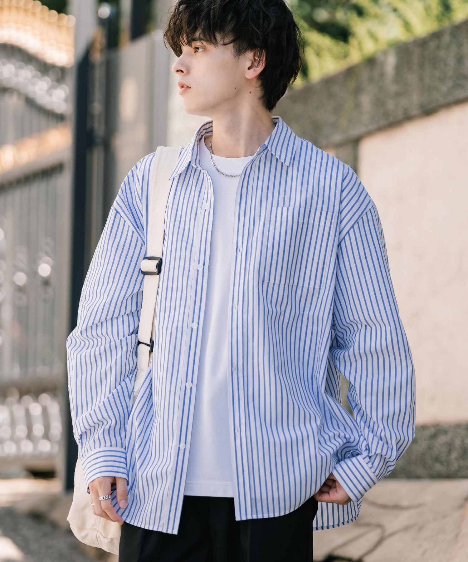 ロッキーモンロー Rocky Monroe カジュアルシャツ 長袖 メンズ チェック ストライプ 無地 TCブロード 白シャツ オーバーサイズ リラックス レギュラーカラー 胸ポケット 14718 (ホワイト(ストライプ)) ホワイト(ストライプ)