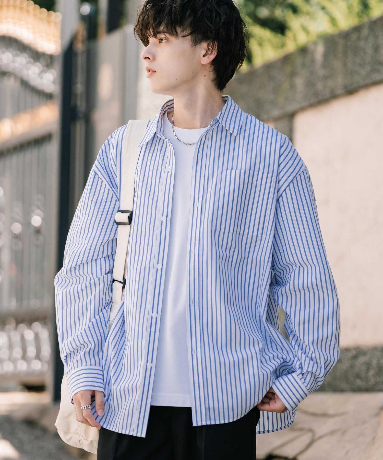 ロッキーモンロー Rocky Monroe カジュアルシャツ 長袖 メンズ チェック ストライプ 無地 TCブロード 白シャツ オーバーサイズ リラックス レギュラーカラー 胸ポケット 14718 (ホワイト(ストライプ)) ホワイト(ストライプ)