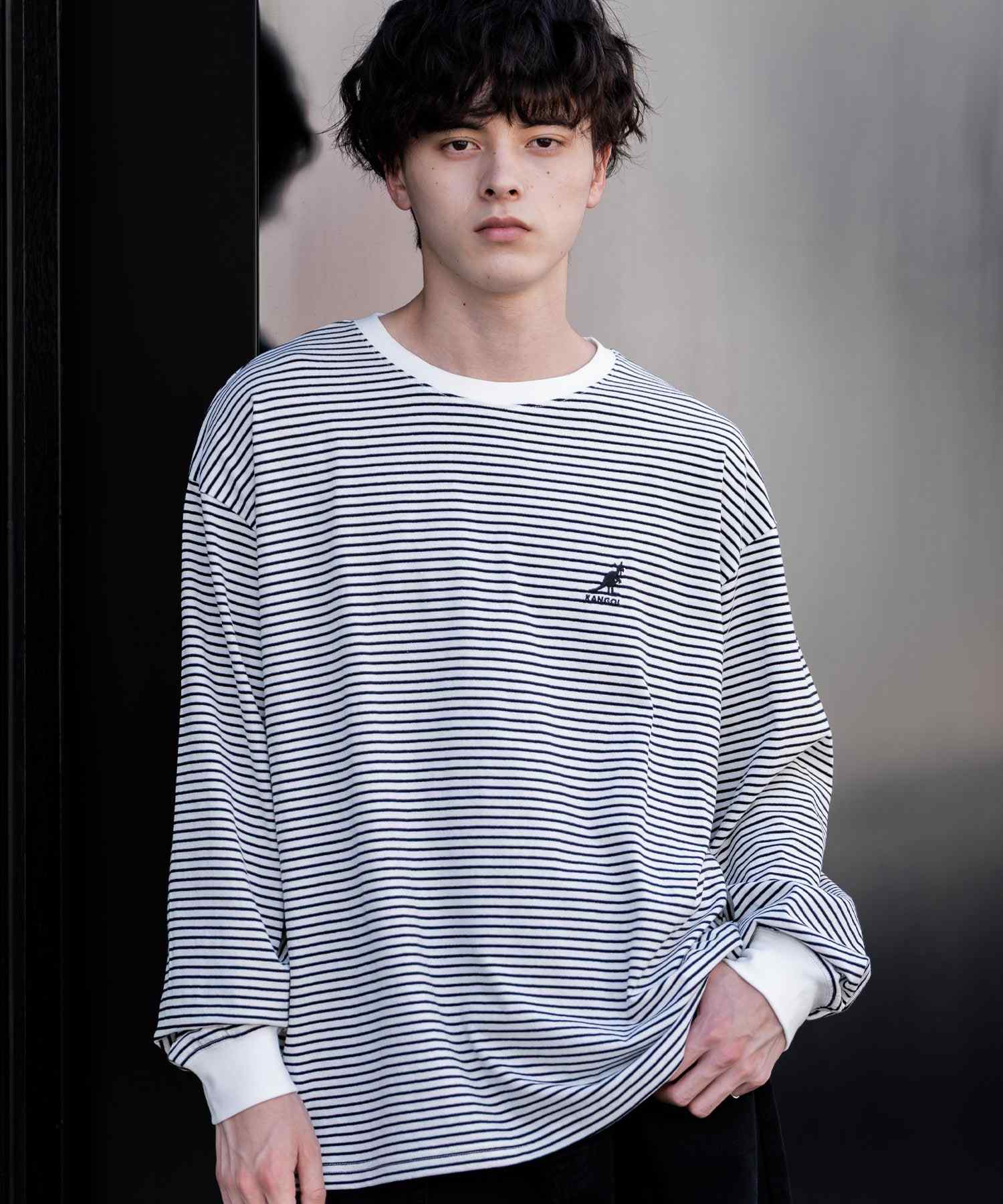 ロッキーモンロー Rocky Monroe KANGOL カンゴール Tシャツ 長袖 メンズ カットソー オーバーサイズ リラックス ボーダー ワンポイント ロゴ刺繍 シンプル カジュアル 14630 (ホワイト(ボーダー)) ホワイト(ボーダー)