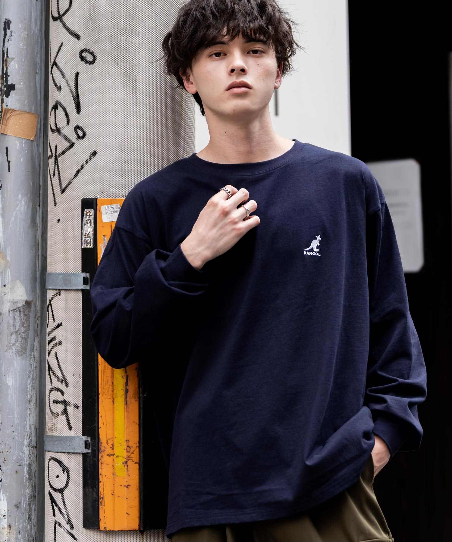 ロッキーモンロー Rocky Monroe KANGOL カンゴール Tシャツ 長袖 メンズ カットソー オーバーサイズ リラックス ボーダー ワンポイント ロゴ刺繍 シンプル カジュアル 14630 (ネイビー) ネイビー