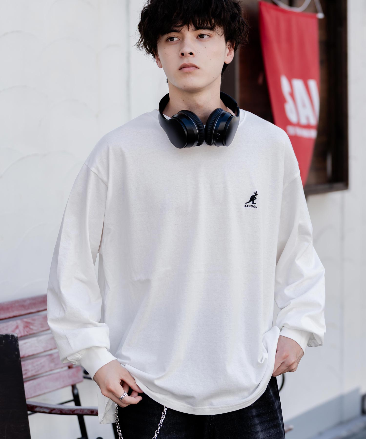 ロッキーモンロー Rocky Monroe KANGOL カンゴール Tシャツ 長袖 メンズ カットソー オーバーサイズ リラックス ボーダー ワンポイント ロゴ刺繍 シンプル カジュアル 14630 (ホワイト) ホワイト