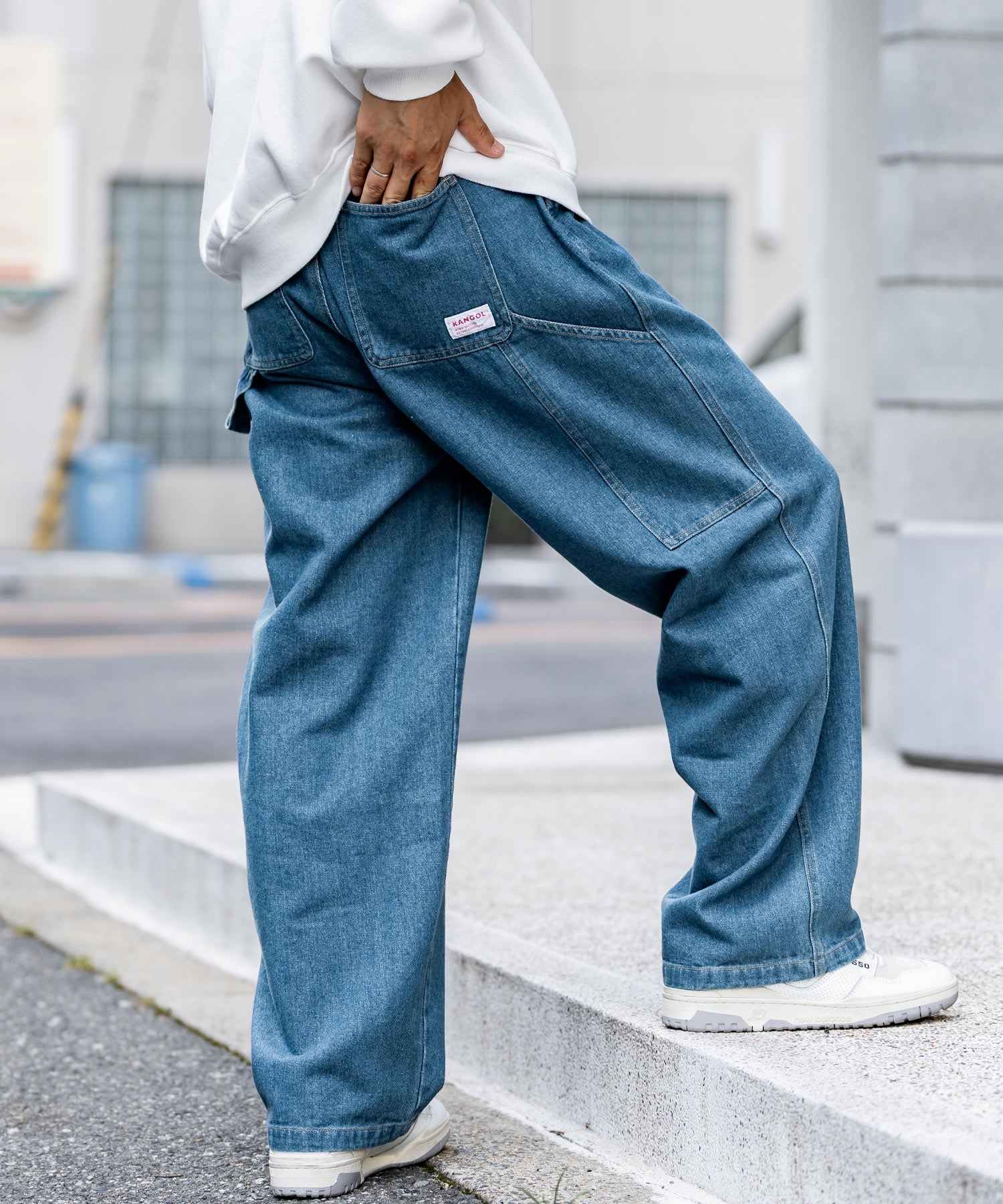 ロッキーモンロー Rocky Monroe KANGOL 別注 コラボ ペインターパンツ ワイドデニム ツイル メンズ テーパード リラックス ワンポイント ロゴ ケミカル ヴィンテージ 14631 (ワンウォッシュ) ワンウォッシュ