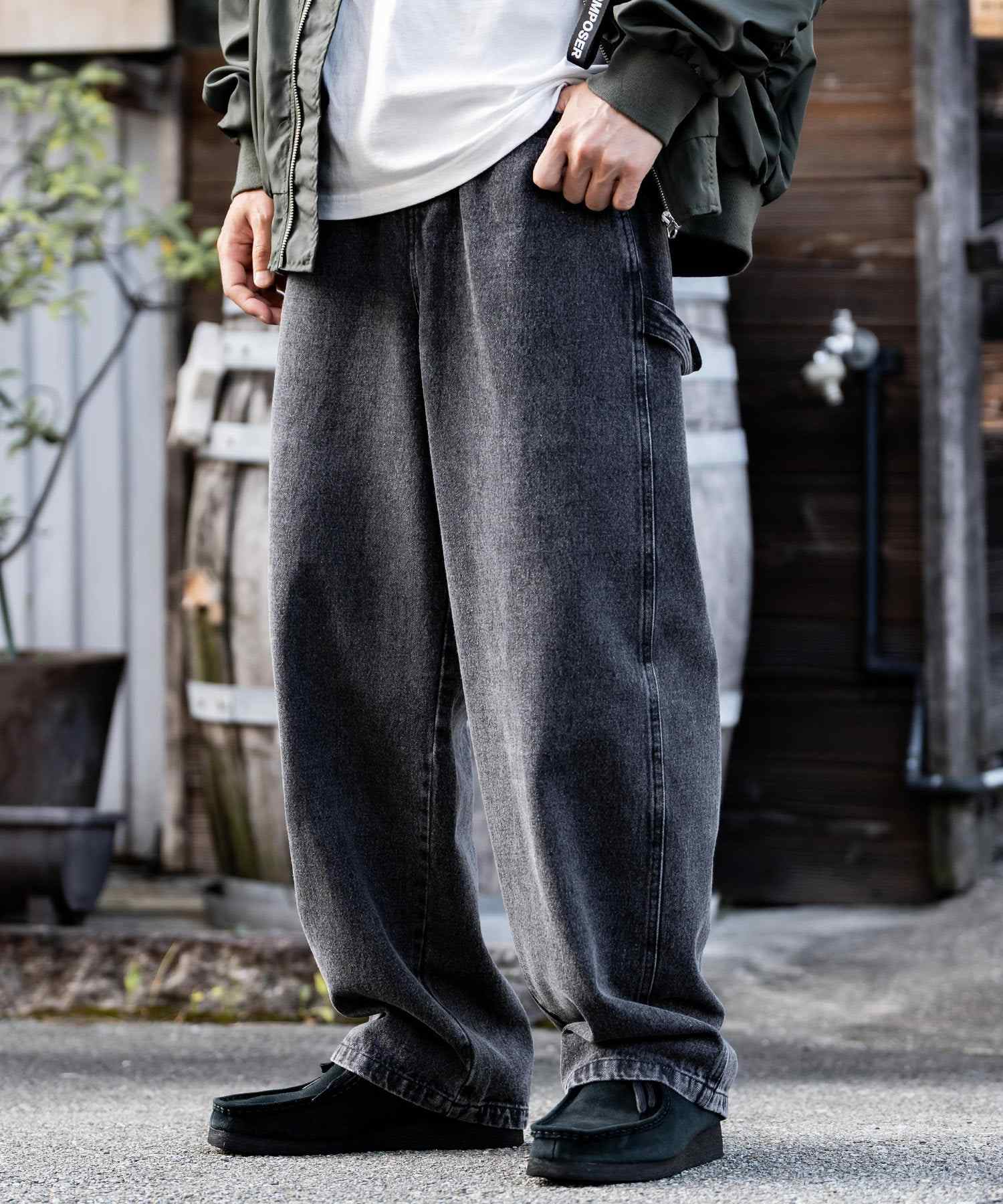 ロッキーモンロー Rocky Monroe KANGOL 別注 コラボ ペインターパンツ ワイドデニム ツイル メンズ テーパード リラックス ワンポイント ロゴ ケミカル ヴィンテージ 14631 (ワンウォッシュ) ワンウォッシュ