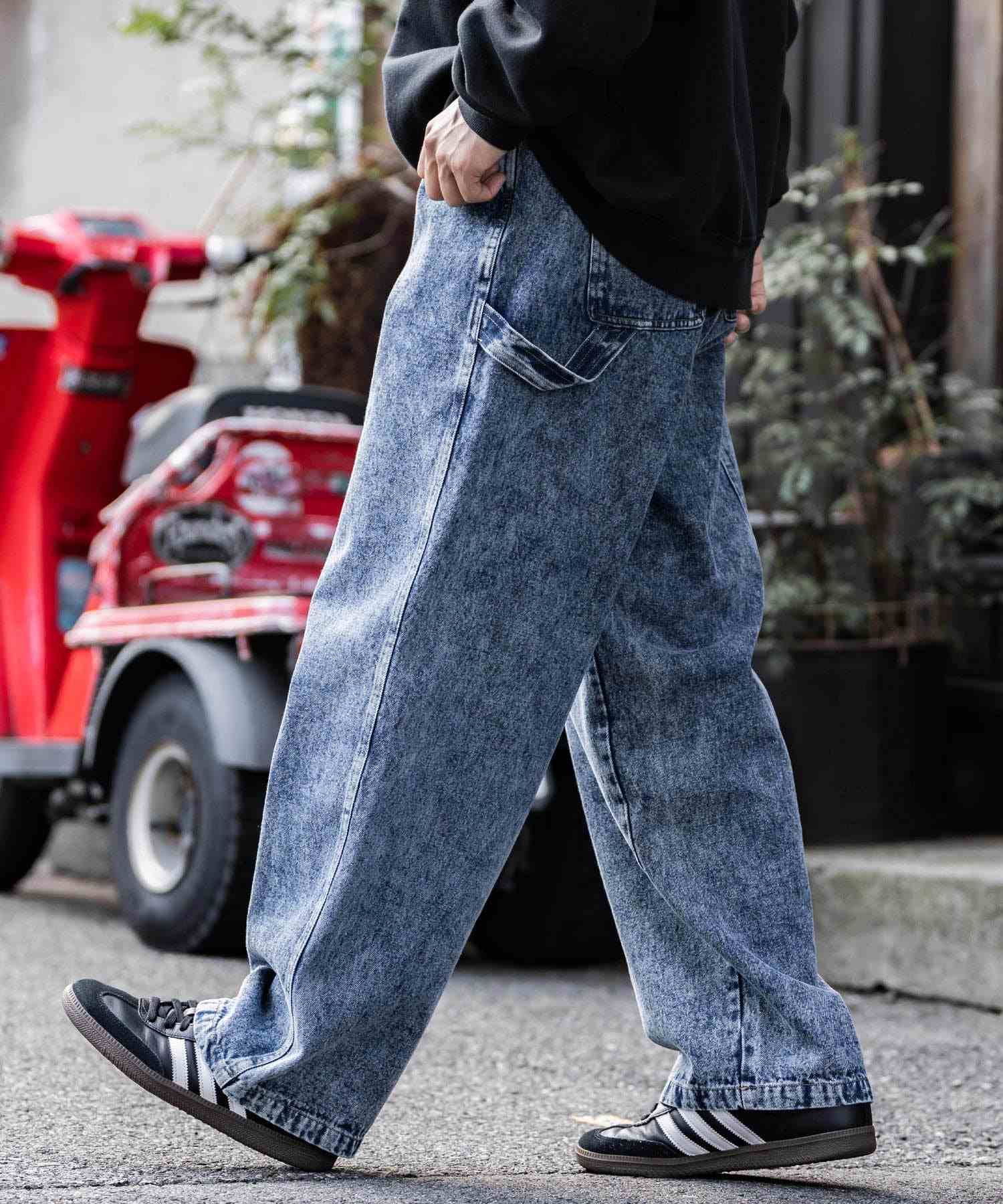ロッキーモンロー Rocky Monroe KANGOL 別注 コラボ ペインターパンツ ワイドデニム ツイル メンズ テーパード リラックス ワンポイント ロゴ ケミカル ヴィンテージ 14631 (ブルーケミカル) ブルーケミカル