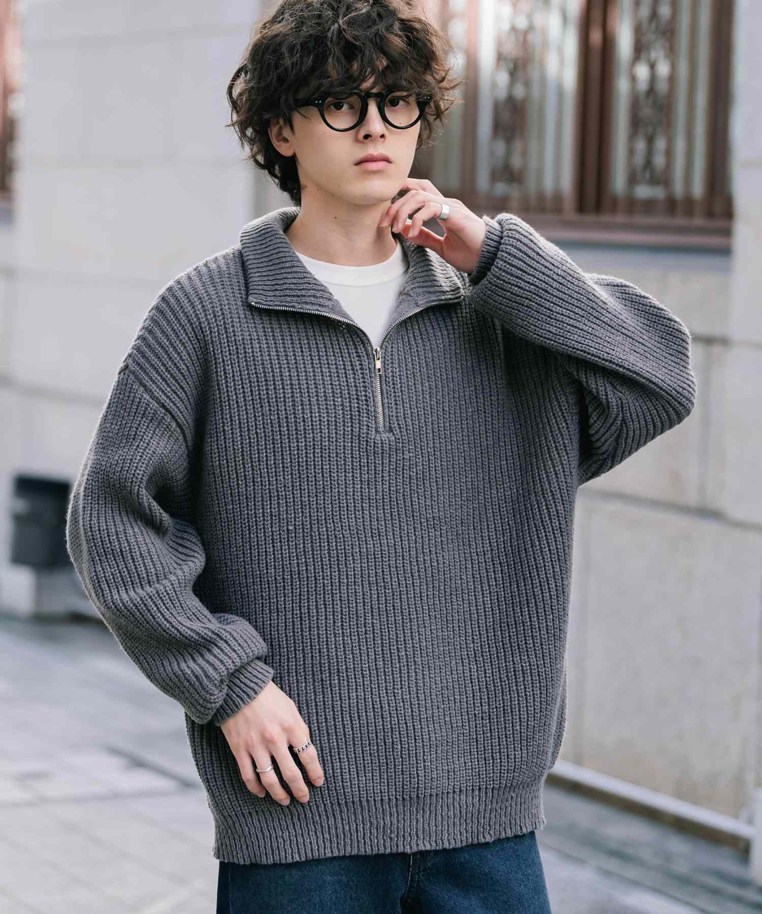 Rocky Monroe Knit Sweater Half-Zip Men Women Plain Long Sleeve Ribbed