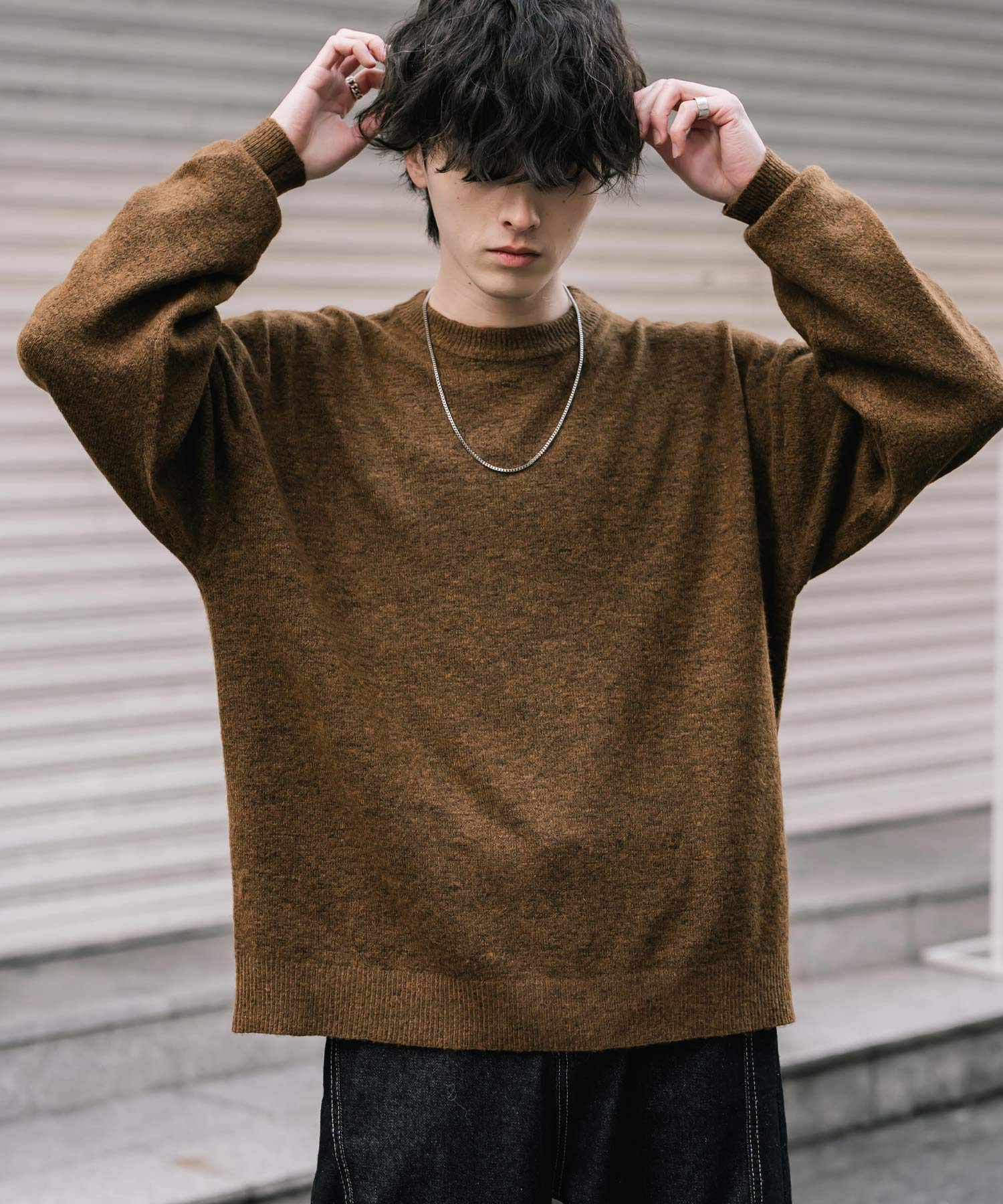 ロッキーモンロー Rocky Monroe ニット セーター 無地 メンズ レディース 長袖 天竺編み ウール混 メランジ オーバーサイズ リラックス クルーネック プルオーバー 暖かい 14714 (マスタード) マスタード