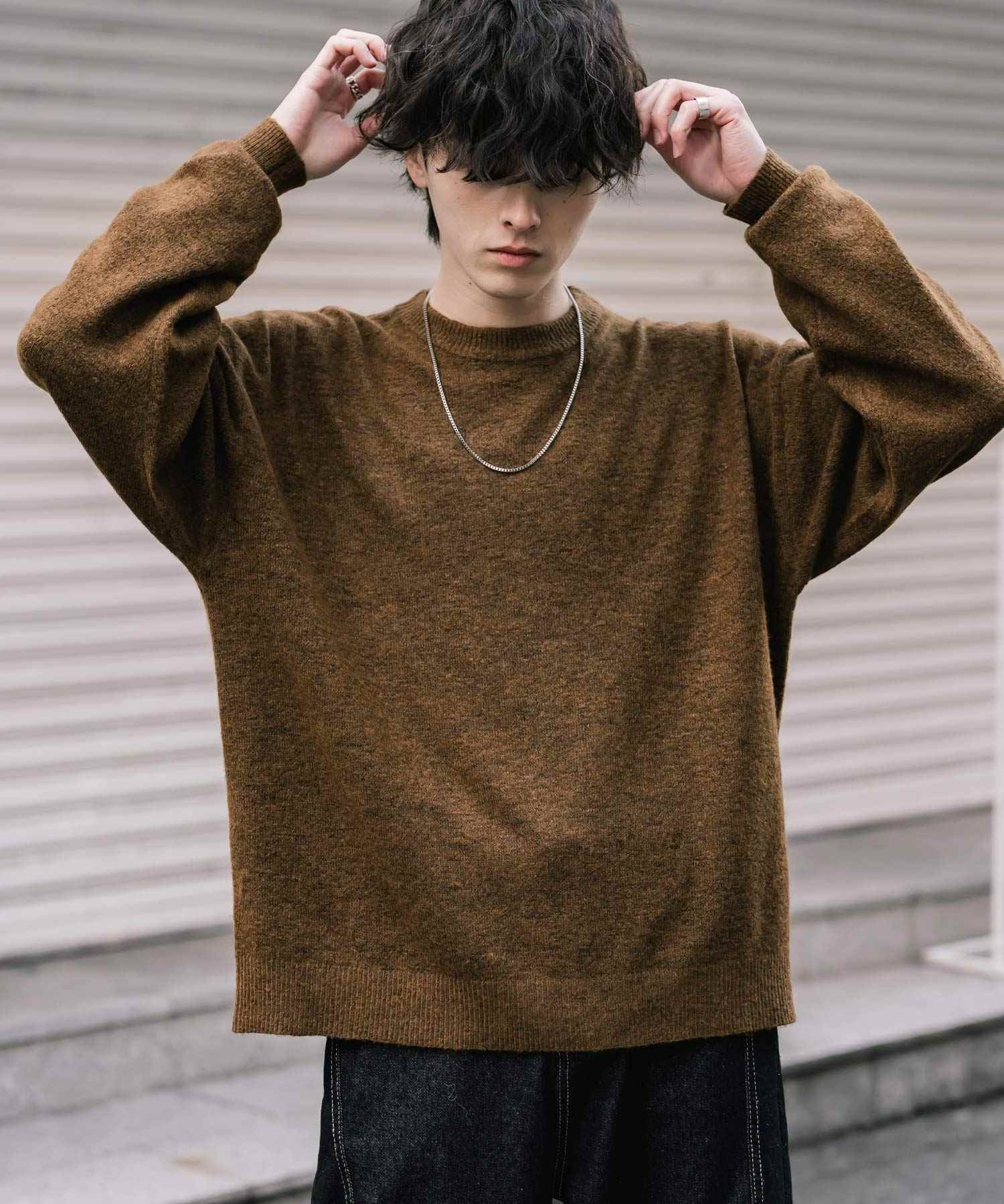 ロッキーモンロー Rocky Monroe ニット セーター 無地 メンズ レディース 長袖 天竺編み ウール混 メランジ オーバーサイズ リラックス クルーネック プルオーバー 暖かい 14714 (マスタード) マスタード