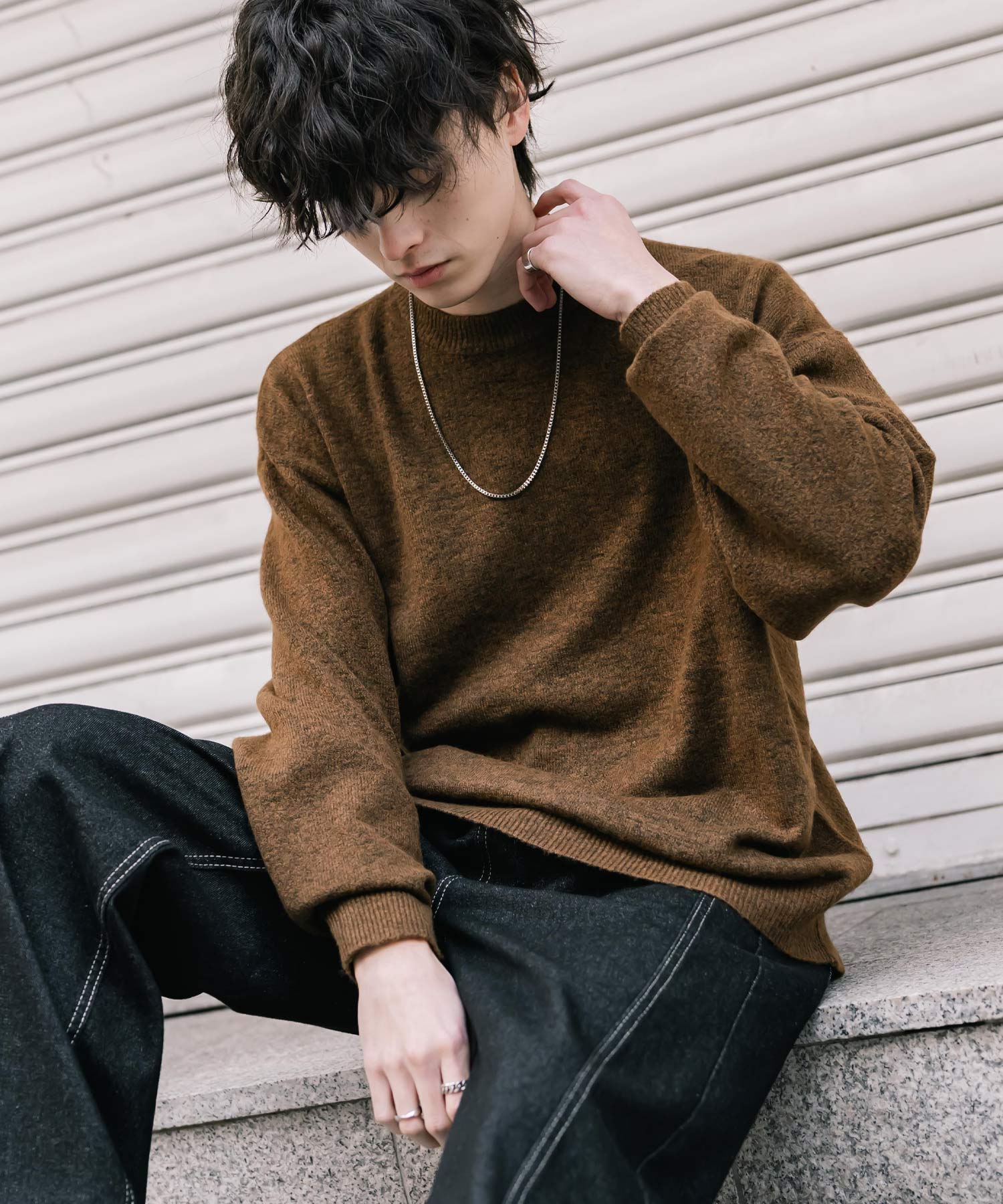 ロッキーモンロー Rocky Monroe ニット セーター 無地 メンズ レディース 長袖 天竺編み ウール混 メランジ オーバーサイズ リラックス クルーネック プルオーバー 暖かい 14714 (マスタード) マスタード