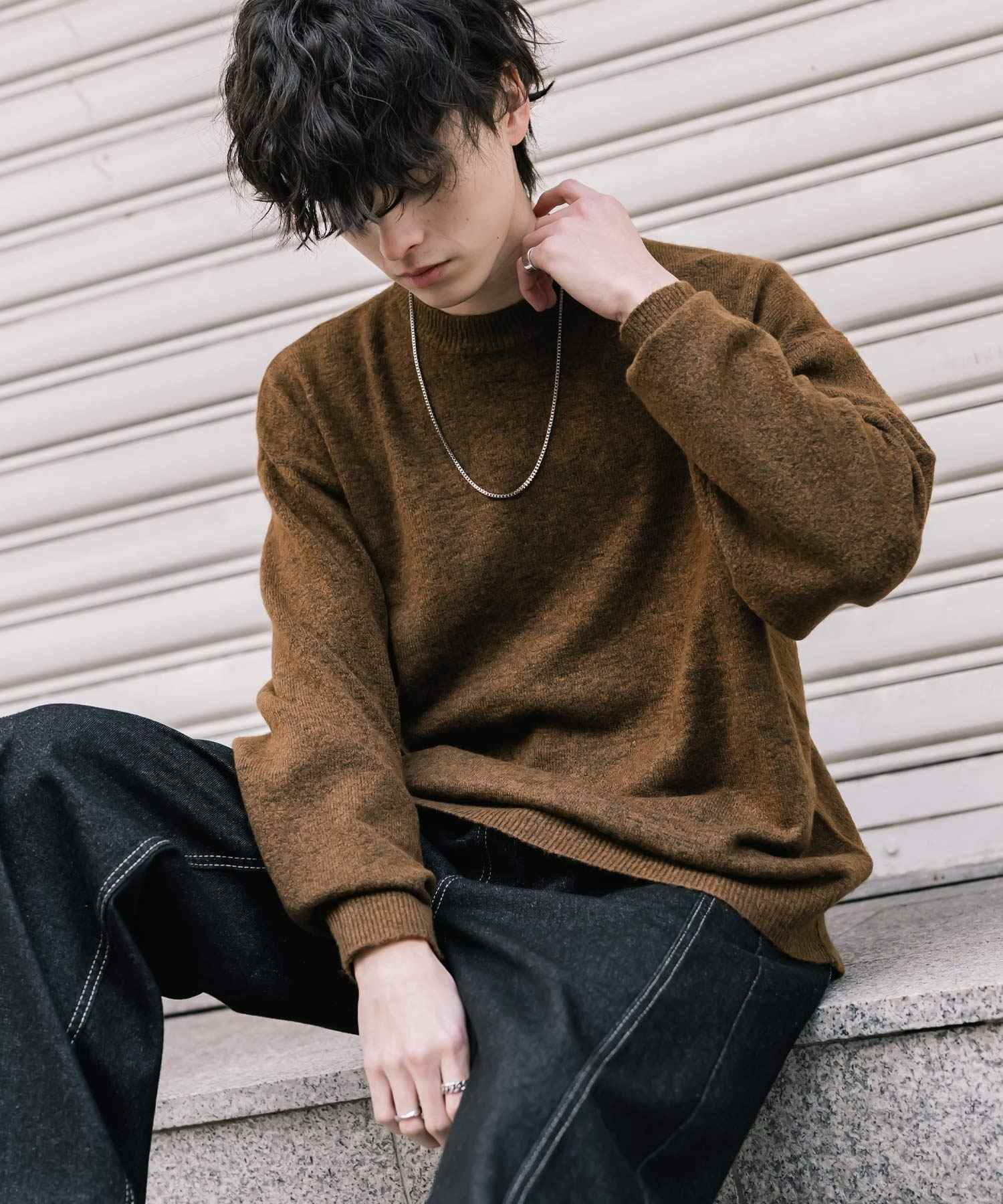 ロッキーモンロー Rocky Monroe ニット セーター 無地 メンズ レディース 長袖 天竺編み ウール混 メランジ オーバーサイズ リラックス クルーネック プルオーバー 暖かい 14714 (マスタード) マスタード