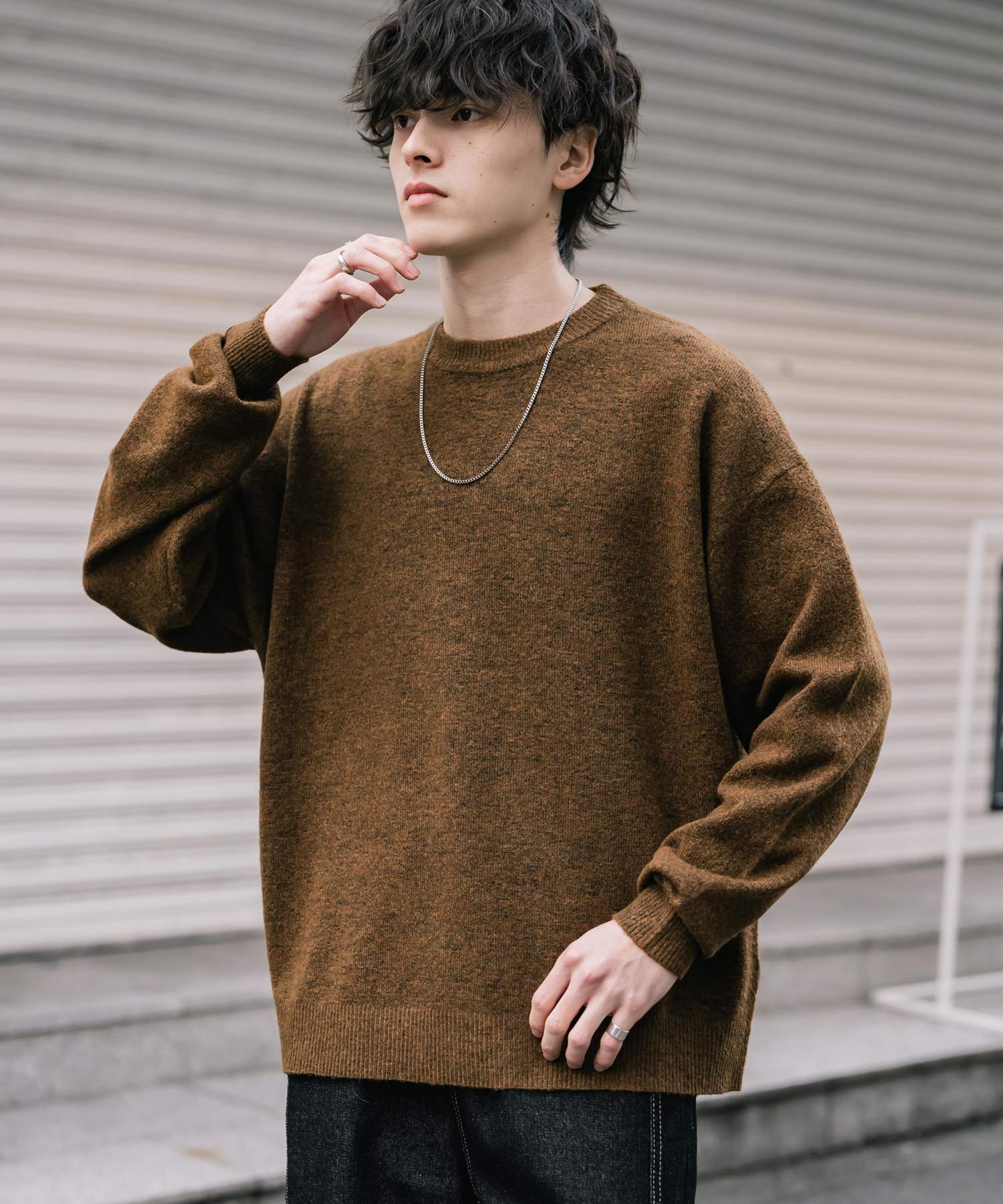 ロッキーモンロー Rocky Monroe ニット セーター 無地 メンズ レディース 長袖 天竺編み ウール混 メランジ オーバーサイズ リラックス クルーネック プルオーバー 暖かい 14714 (マスタード) マスタード