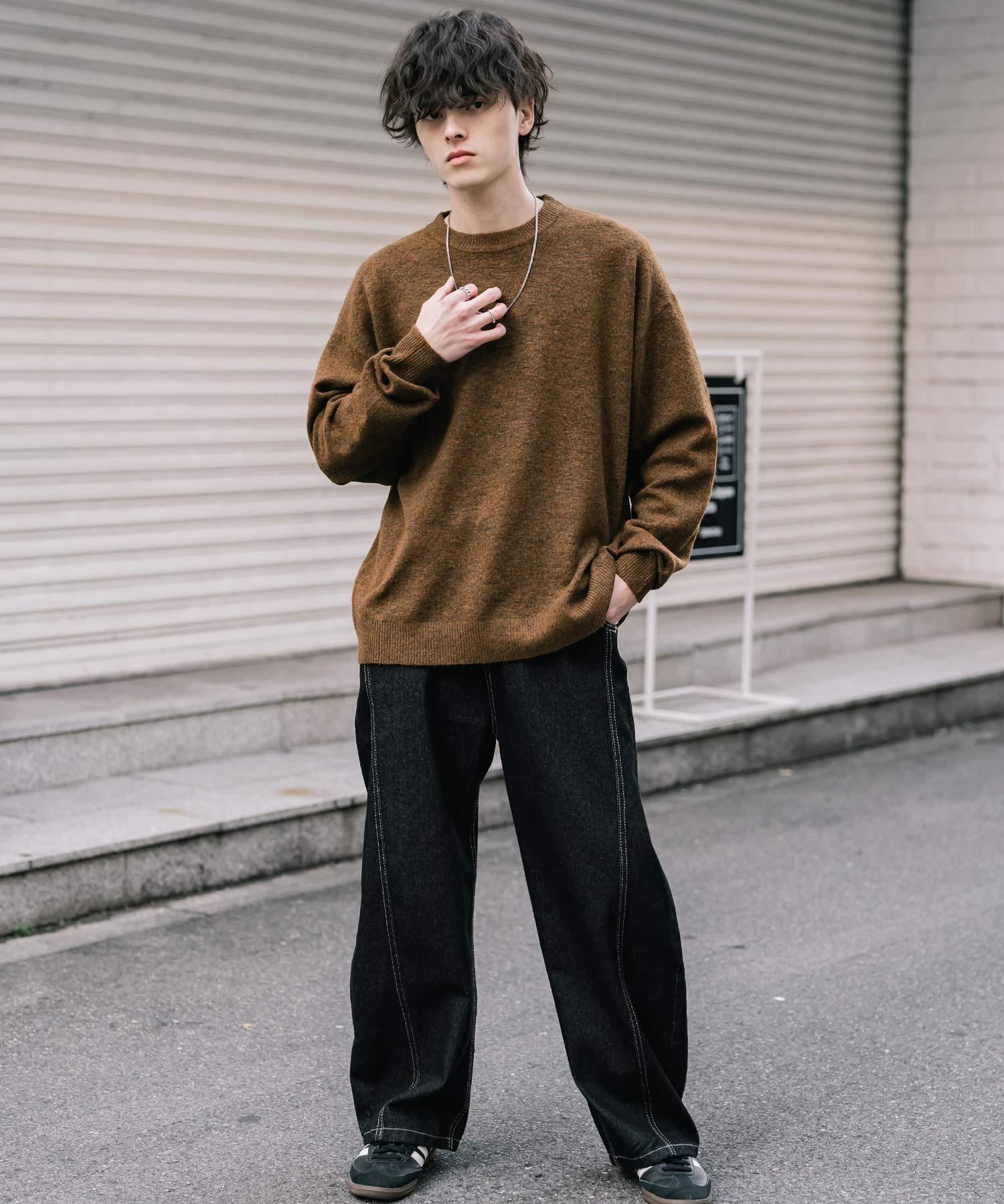 ロッキーモンロー Rocky Monroe ニット セーター 無地 メンズ レディース 長袖 天竺編み ウール混 メランジ オーバーサイズ リラックス クルーネック プルオーバー 暖かい 14714 (マスタード) マスタード