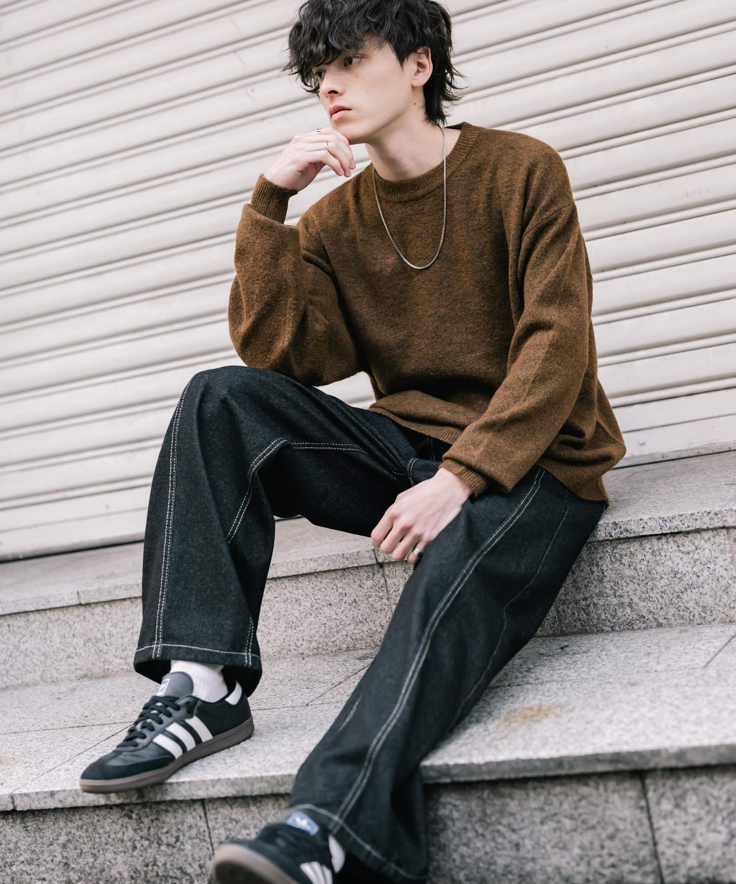 ロッキーモンロー Rocky Monroe ニット セーター 無地 メンズ レディース 長袖 天竺編み ウール混 メランジ オーバーサイズ リラックス クルーネック プルオーバー 暖かい 14714 (マスタード) マスタード