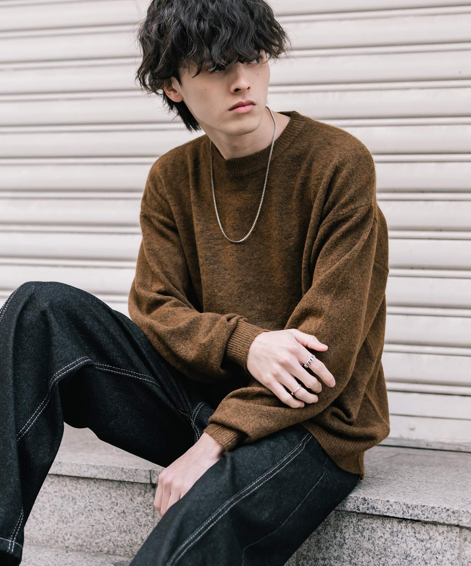 ロッキーモンロー Rocky Monroe ニット セーター 無地 メンズ レディース 長袖 天竺編み ウール混 メランジ オーバーサイズ リラックス クルーネック プルオーバー 暖かい 14714 (マスタード) マスタード