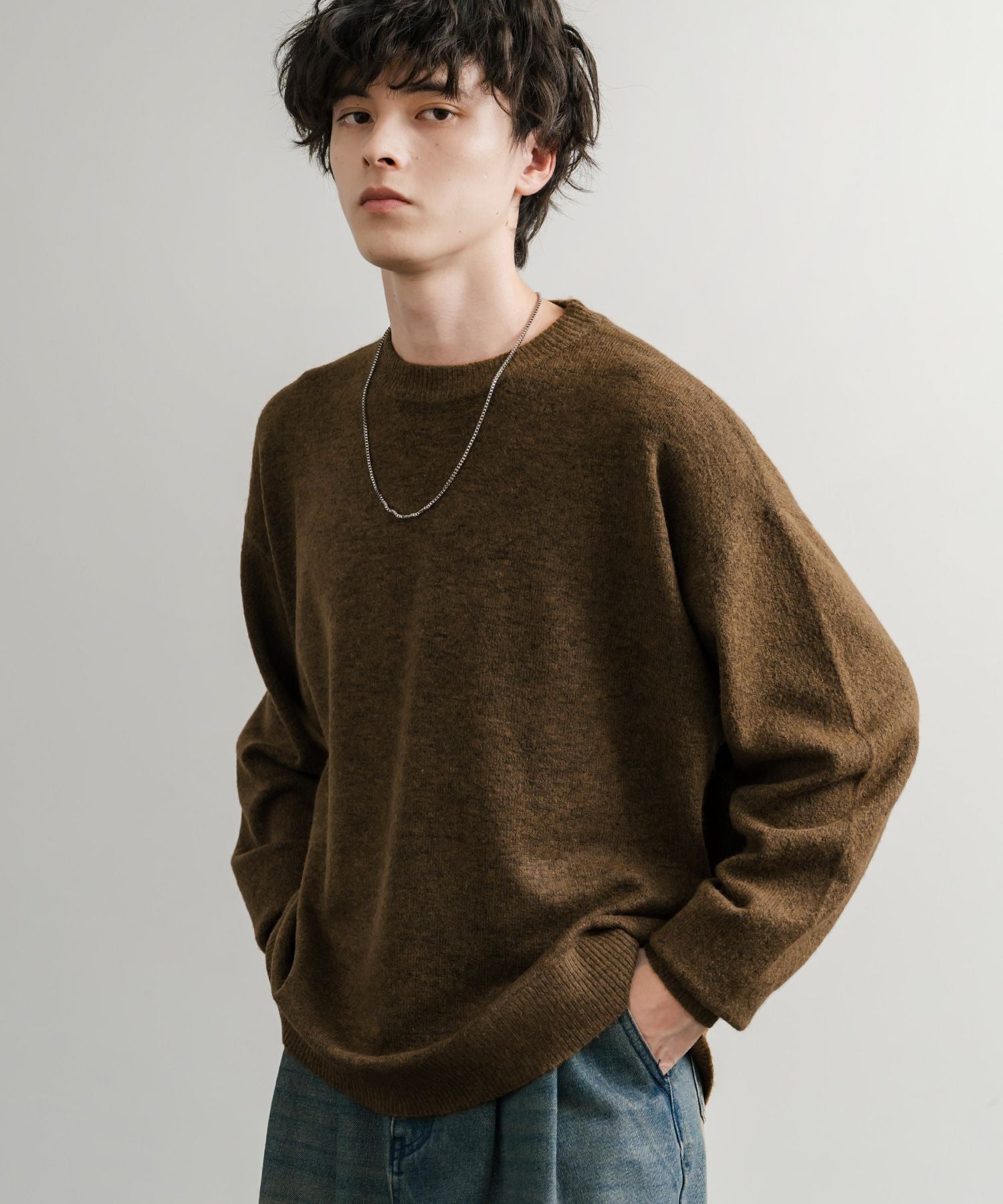 ロッキーモンロー Rocky Monroe ニット セーター 無地 メンズ レディース 長袖 天竺編み ウール混 メランジ オーバーサイズ リラックス クルーネック プルオーバー 暖かい 14714 (マスタード) マスタード