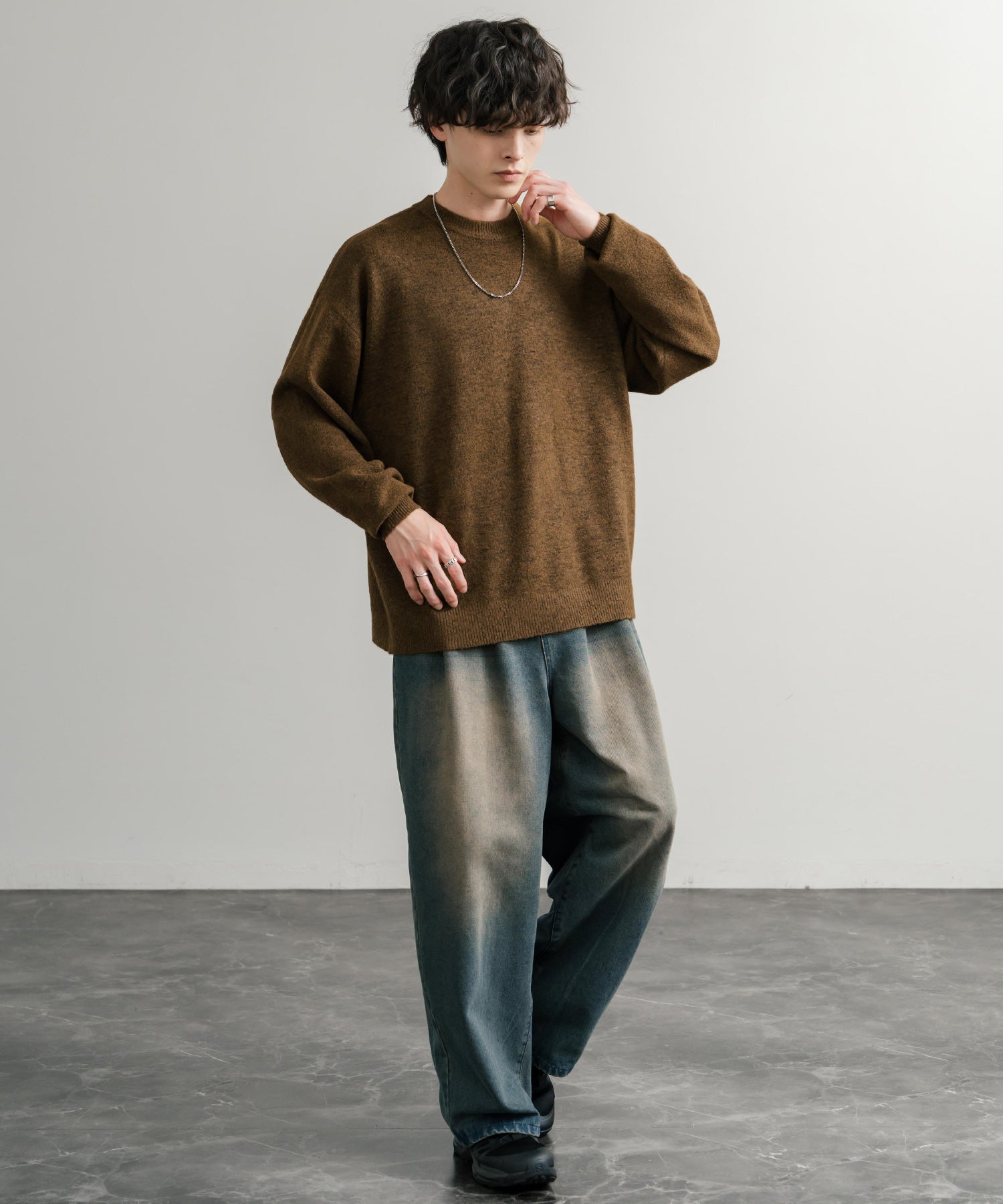 ロッキーモンロー Rocky Monroe ニット セーター 無地 メンズ レディース 長袖 天竺編み ウール混 メランジ オーバーサイズ リラックス クルーネック プルオーバー 暖かい 14714 (マスタード) マスタード