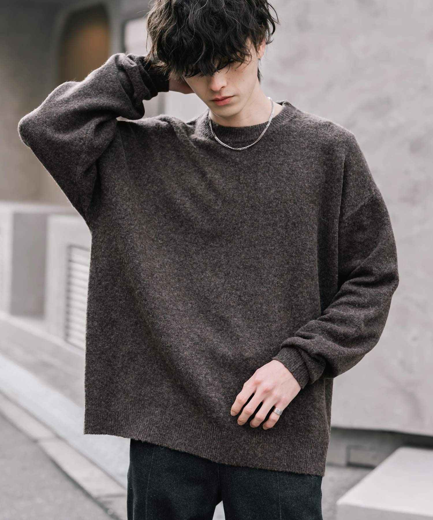 ロッキーモンロー Rocky Monroe ニット セーター 無地 メンズ レディース 長袖 天竺編み ウール混 メランジ オーバーサイズ リラックス クルーネック プルオーバー 暖かい 14714 (マスタード) マスタード