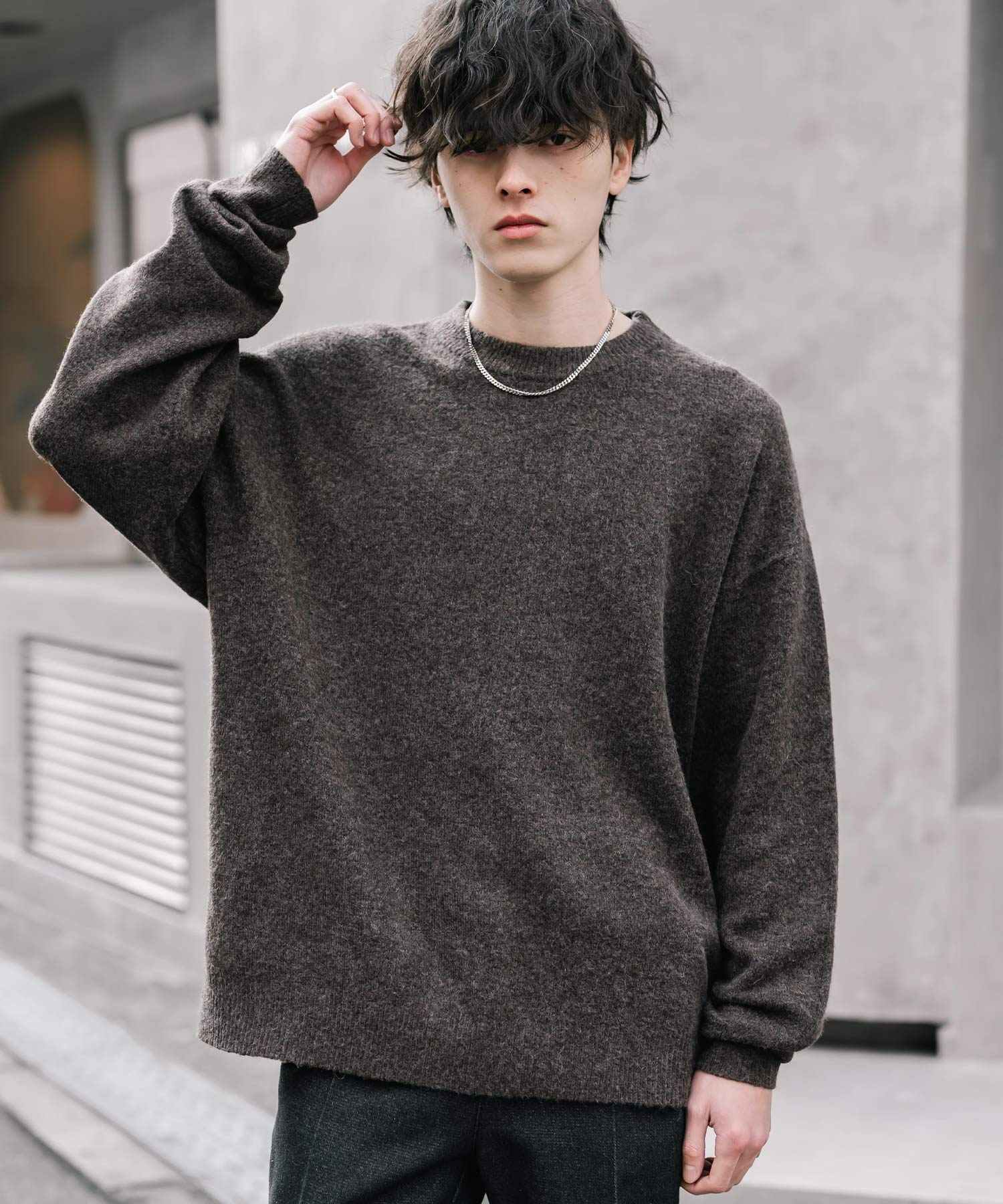 ロッキーモンロー Rocky Monroe ニット セーター 無地 メンズ レディース 長袖 天竺編み ウール混 メランジ オーバーサイズ リラックス クルーネック プルオーバー 暖かい 14714 (マスタード) マスタード