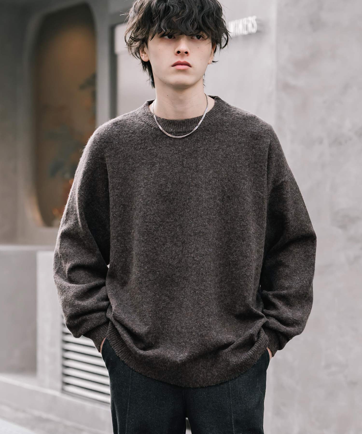 ロッキーモンロー Rocky Monroe ニット セーター 無地 メンズ レディース 長袖 天竺編み ウール混 メランジ オーバーサイズ リラックス クルーネック プルオーバー 暖かい 14714 (マスタード) マスタード