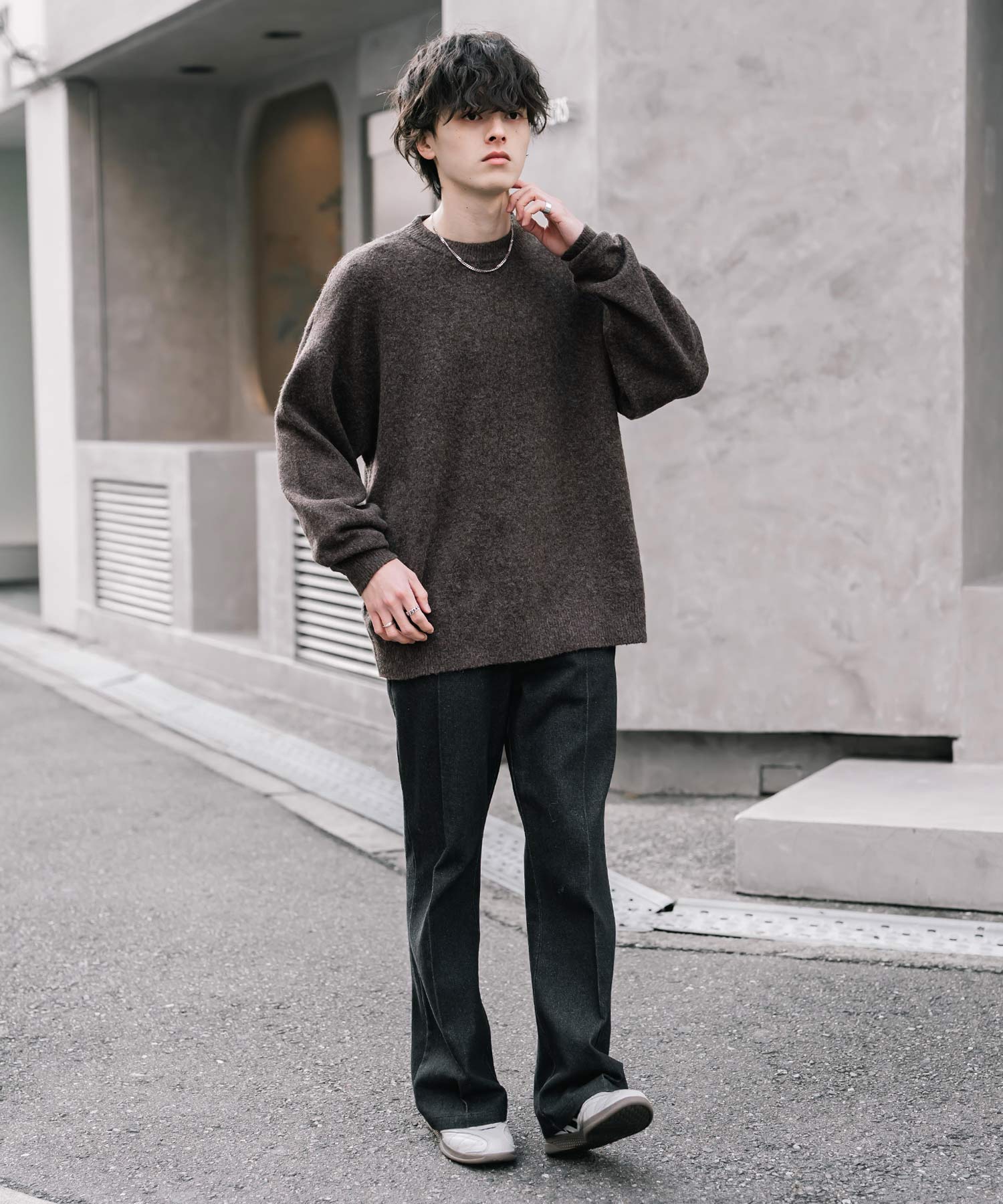 ロッキーモンロー Rocky Monroe ニット セーター 無地 メンズ レディース 長袖 天竺編み ウール混 メランジ オーバーサイズ リラックス クルーネック プルオーバー 暖かい 14714 (マスタード) マスタード